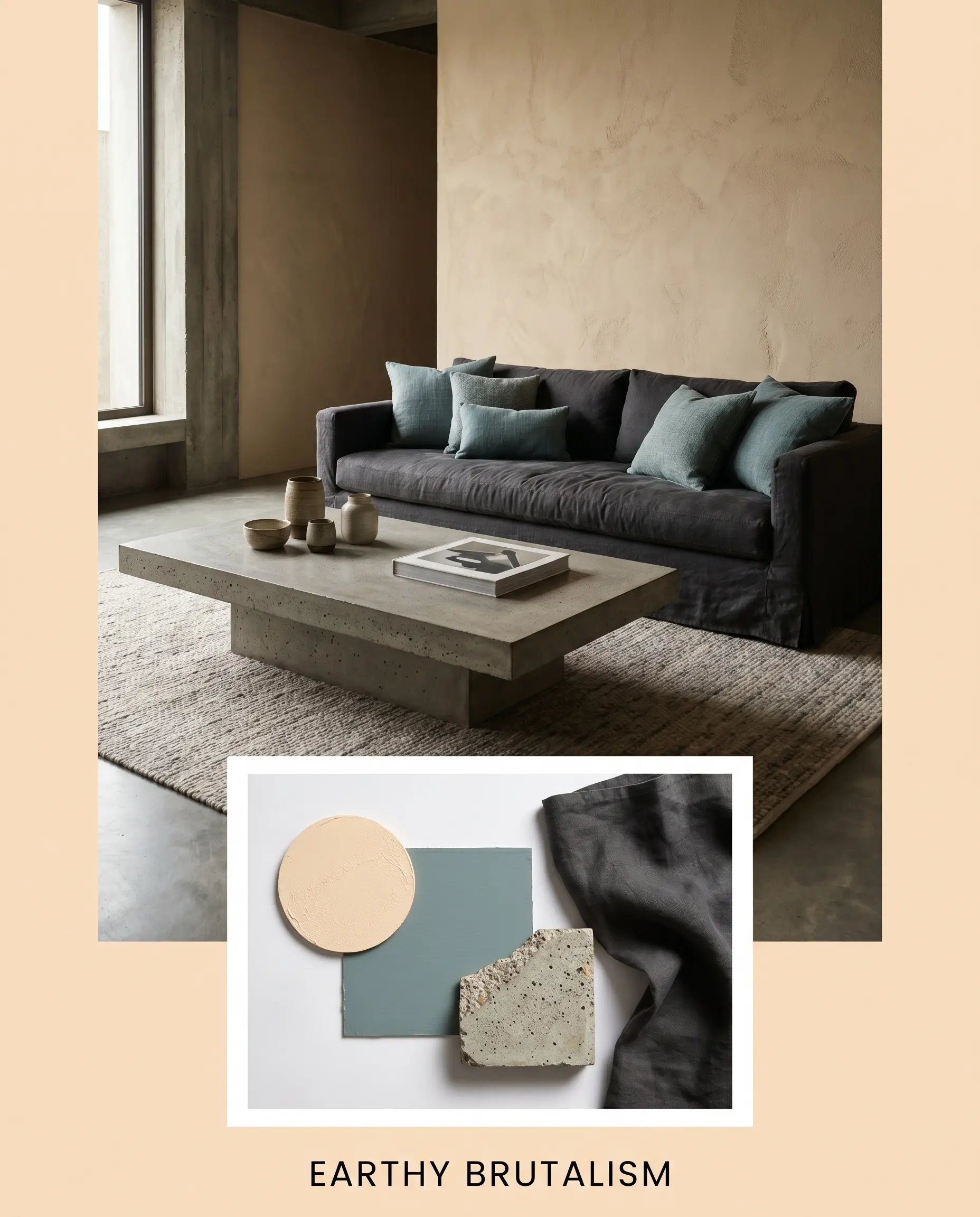 A poured-concrete coffee table and deep charcoal linen slipcovered sofa anchor an earthy brutalist living room concept featuring Benjamin Moore Pale Oats and Moody Blue accents.