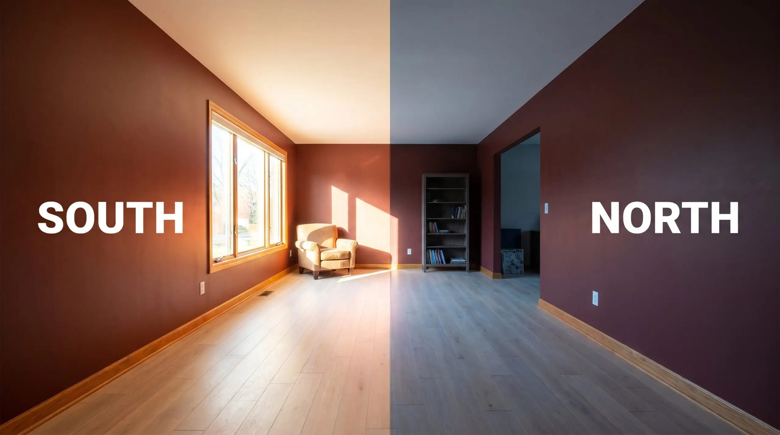 A bleached oak living room demonstrates Benjamin Moore Dinner Party (Hex #763637) shifting from earthy crimson in Southern sunlight to shadowed burgundy in cool Northern exposure.