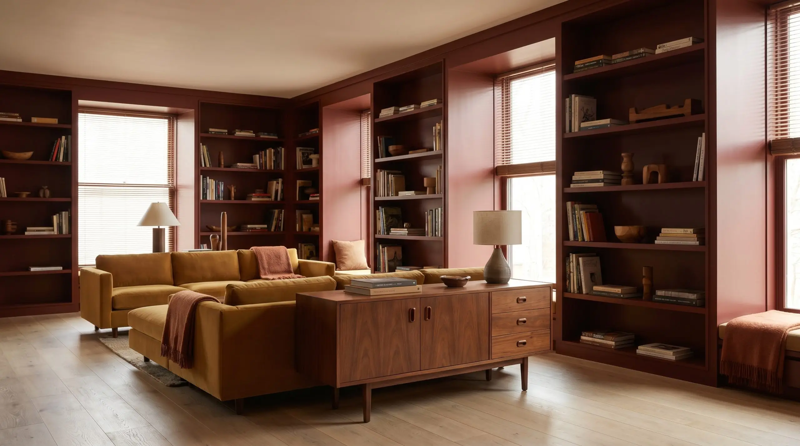 Massive floor-to-ceiling built-in bookcases finished in a deep burgundy cast surround a low-profile mustard mohair sectional and a mid-century walnut credenza.