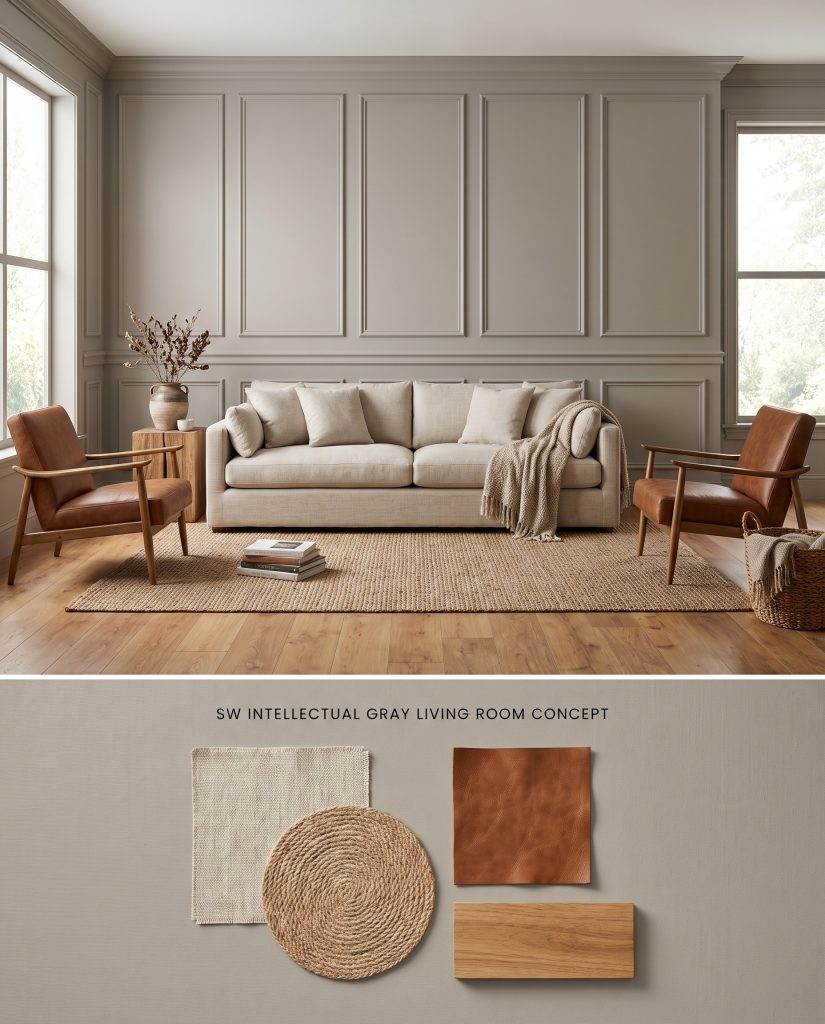 A split digital conceptual board featuring a cozy living room wall in a warm neutral shade over a tactile flat-lay of oatmeal linen and cognac leather.