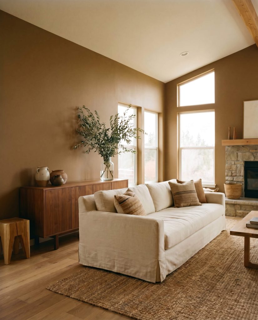 An oversized jute rug anchors a creamy off-white slipcovered sofa and a mid-century walnut credenza styled with hand-thrown ceramics against earthy mid-tone tan walls.
