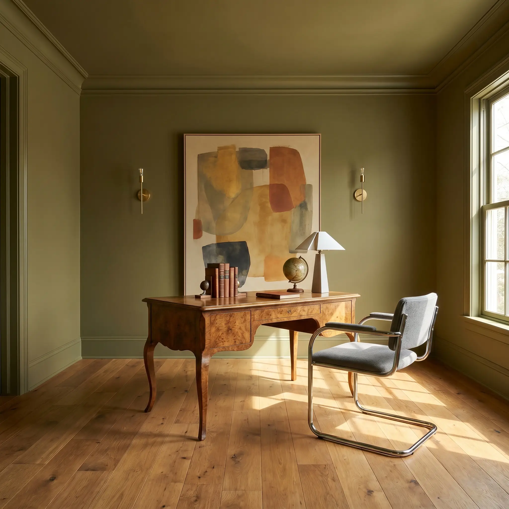 A vintage burl wood desk and polished chrome chair center a color-drenched botanical hue workspace wrapped in flat architectural finish woodwork.