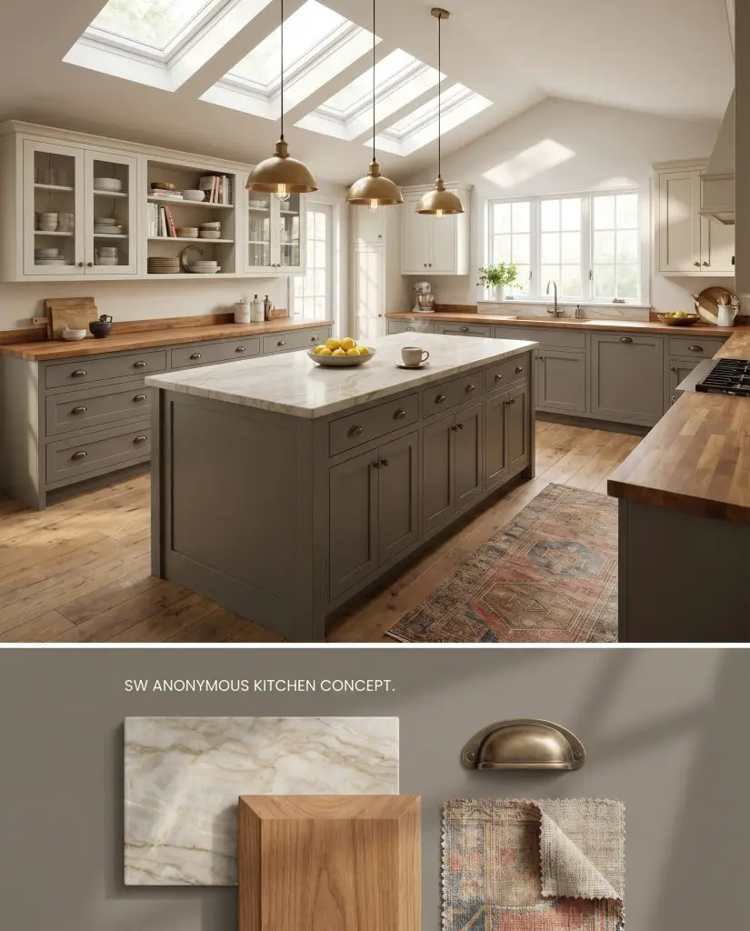 A split digital conceptual board featuring a kitchen island painted in SW Anonymous on top, paired with a physical Taj Mahal quartzite slab and brass hardware below.