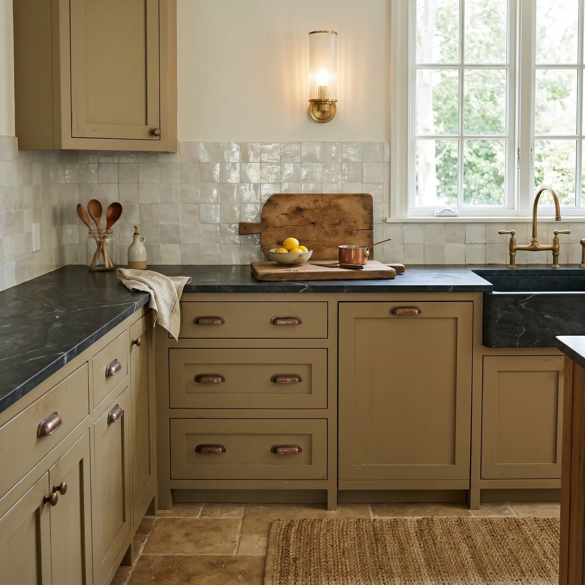 Earthy neutral shaker cabinets pair with honed dark soapstone countertops, oxidized copper pulls, and a pearlescent glazed zellige tile backsplash in a bespoke kitchen.
