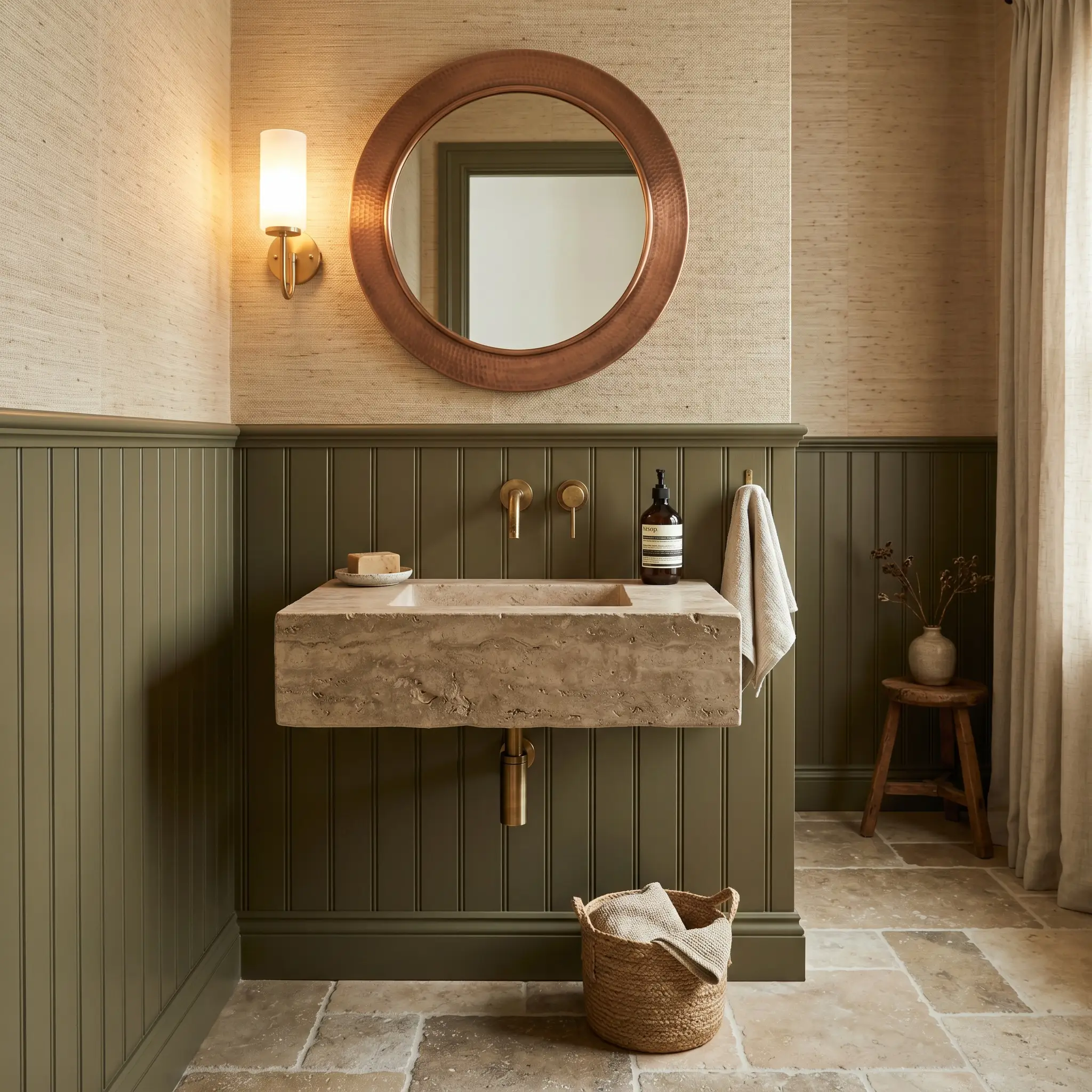 Tall beadboard wainscoting painted in Sherwin-Williams Hidden Trail anchors a curated powder room beneath oatmeal grasscloth wallcovering and a floating travertine sink.