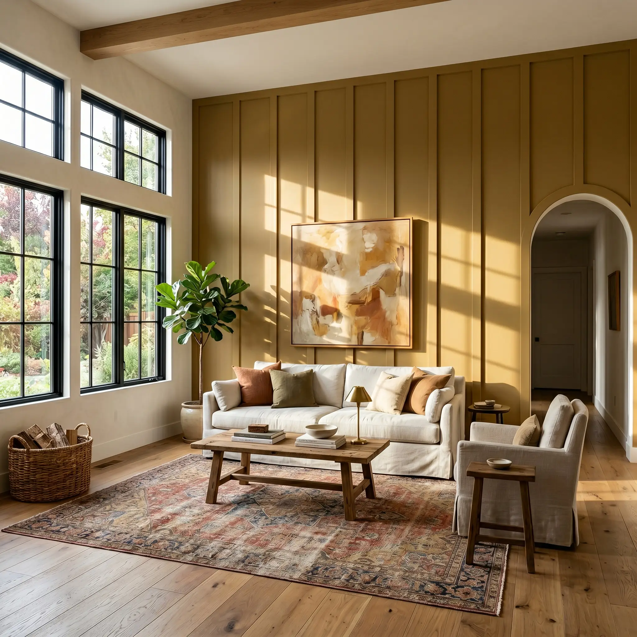 A floor-to-ceiling board and batten focal wall painted in an earthy olive anchors a relaxed living room featuring a slipcovered linen sofa.