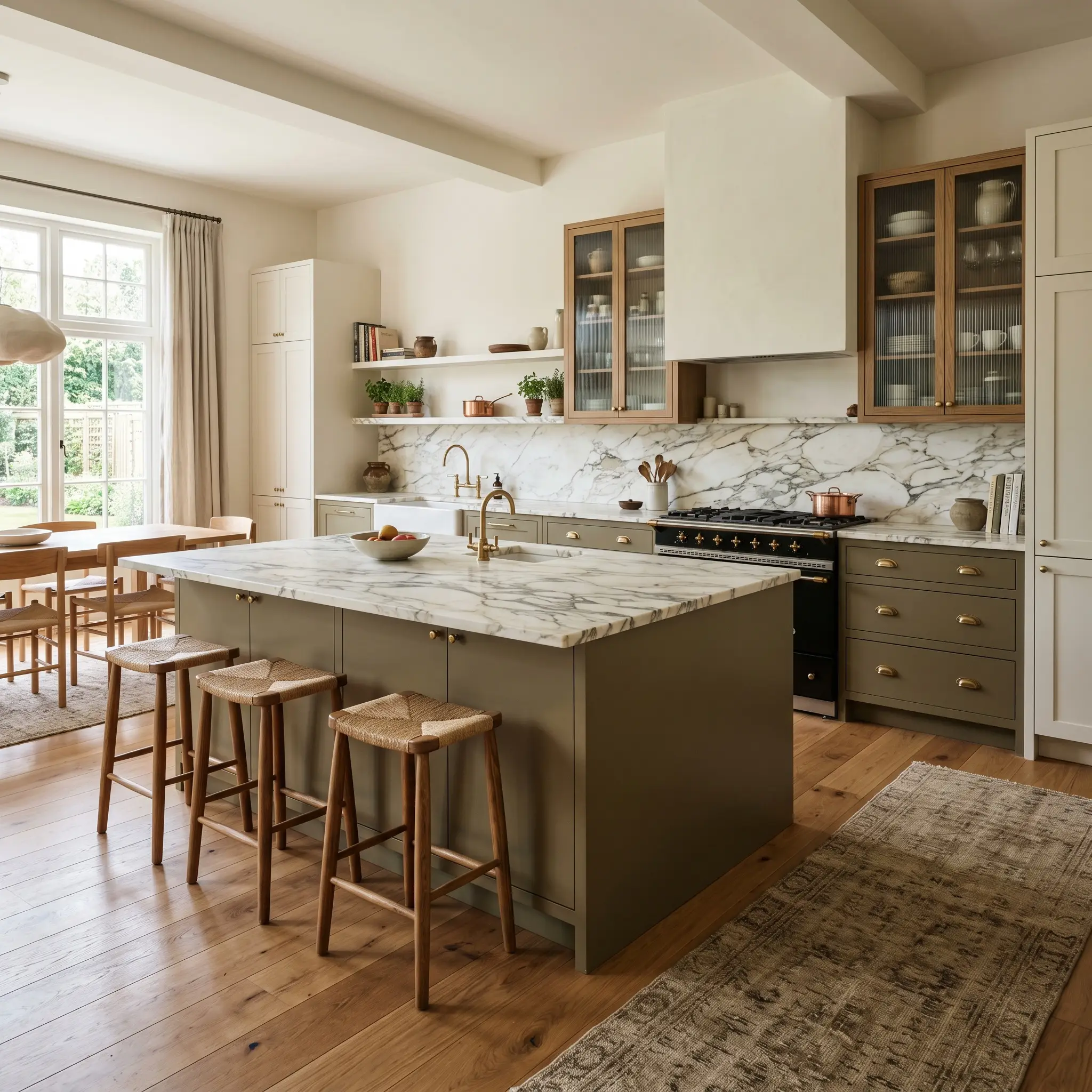 Flat-panel slab lower kitchen cabinets painted in Farrow & Ball Dibber ground a central island featuring heavily veined marble countertops and unlacquered brass hardware.