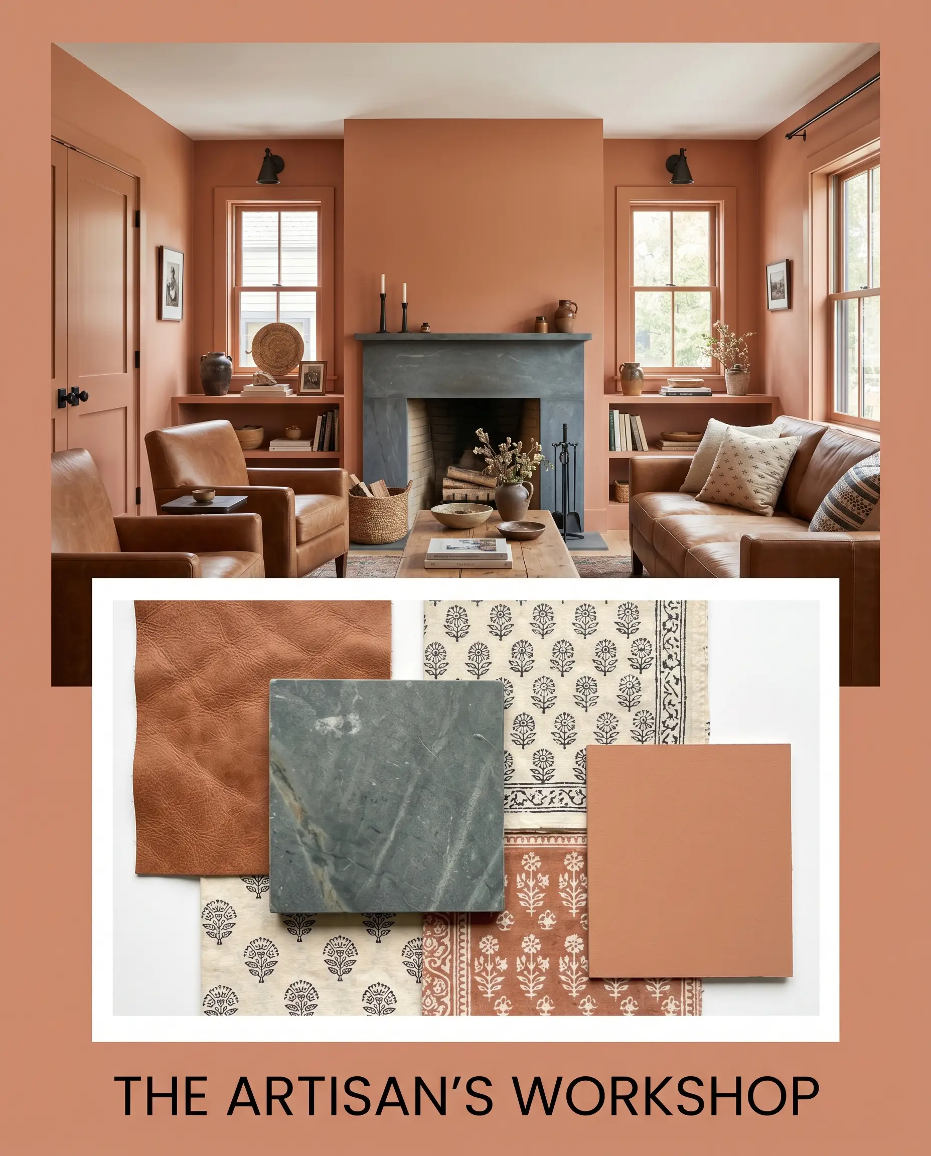 An editorial layout features a living space with a honed soapstone fireplace above a flat-lay of faded saddle leather, block-printed cotton, and terracotta paint.