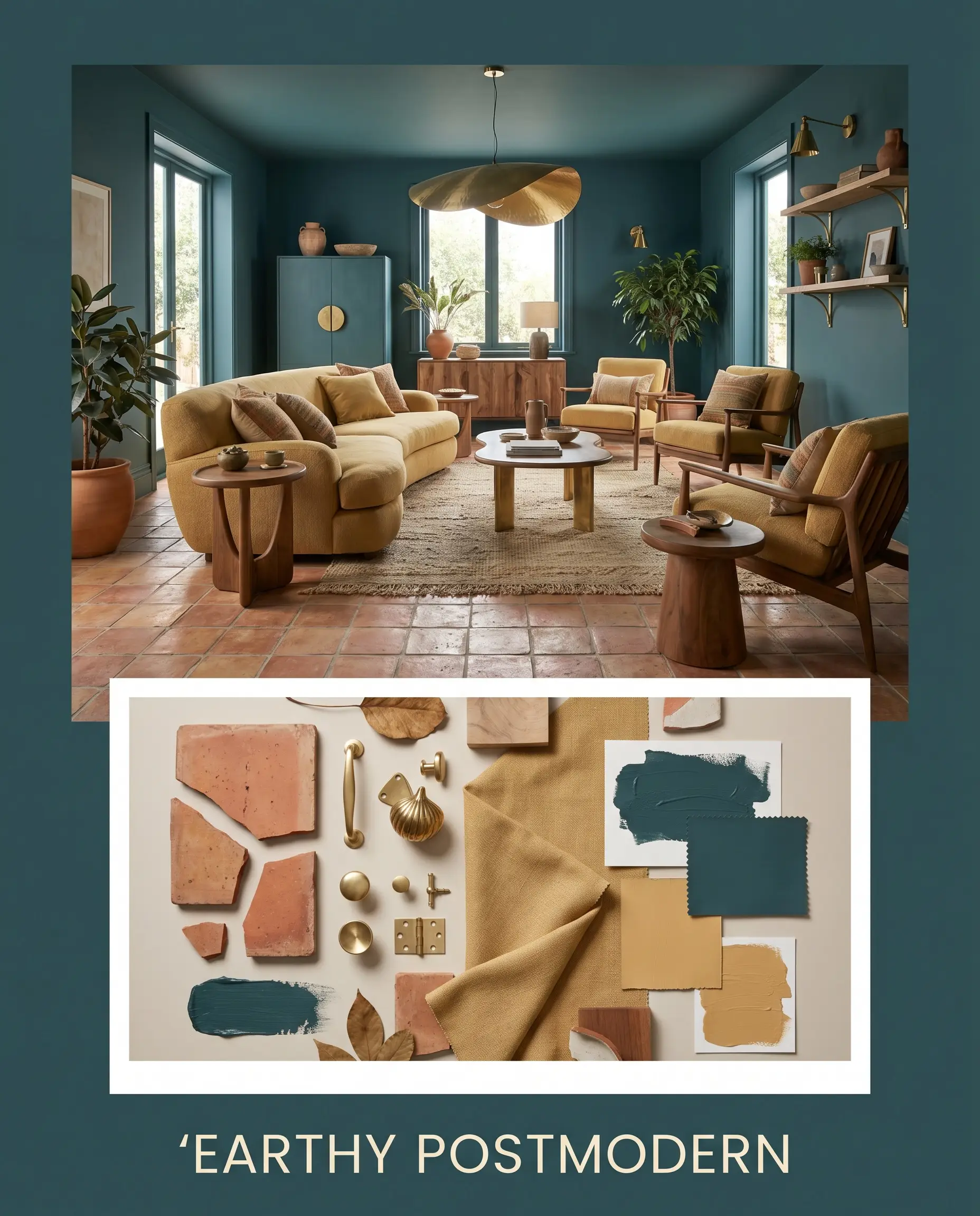 An earthy postmodern concept board combines a dark teal room shot with a material flat-lay featuring baked terracotta tile pieces, brass hardware, and mustard yellow fabric.