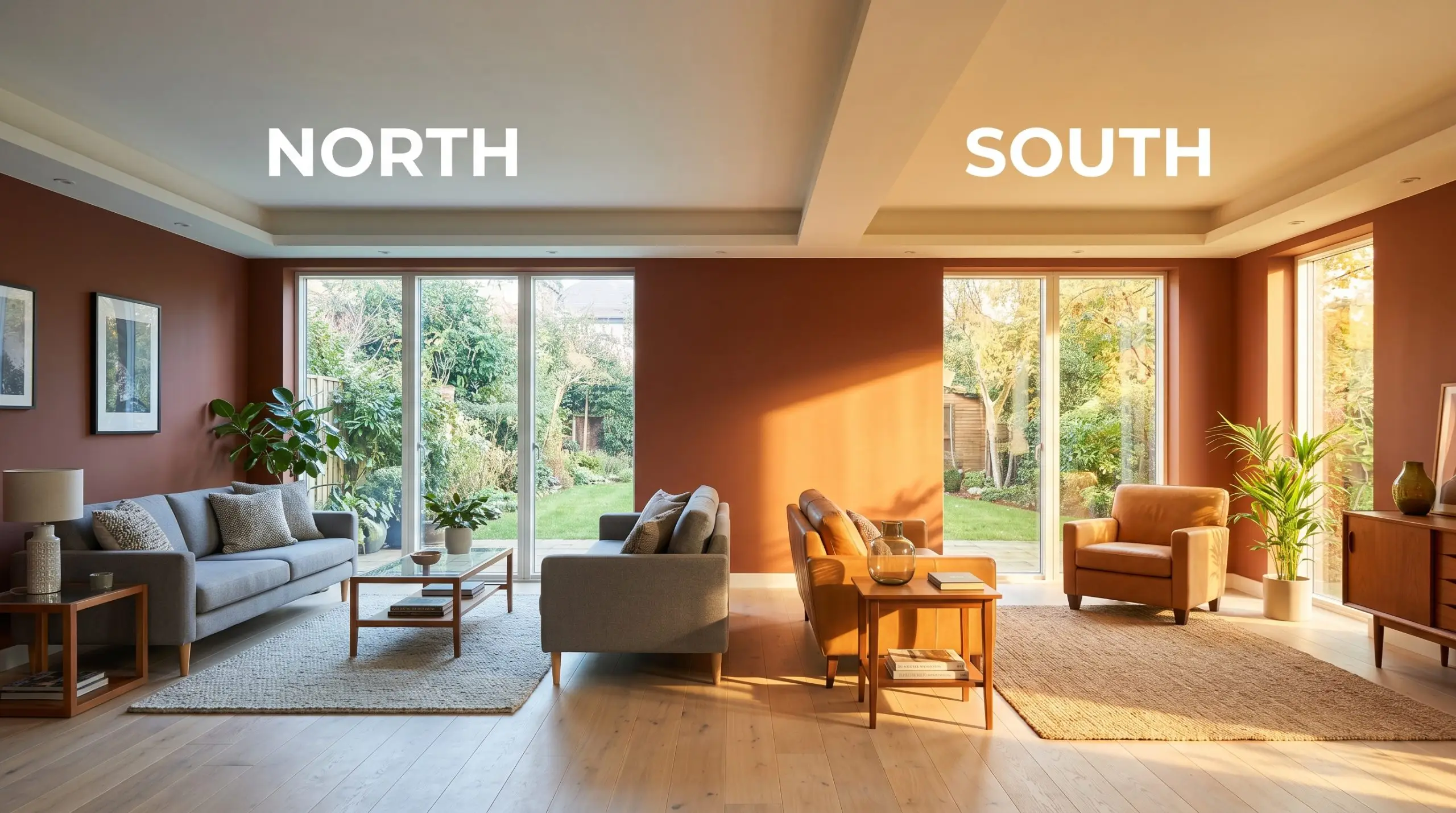 A continuous living room painted in a muted clay tone shifts from flat earthy red-orange in cool Northern light to vibrant terracotta in warm Southern exposure.
