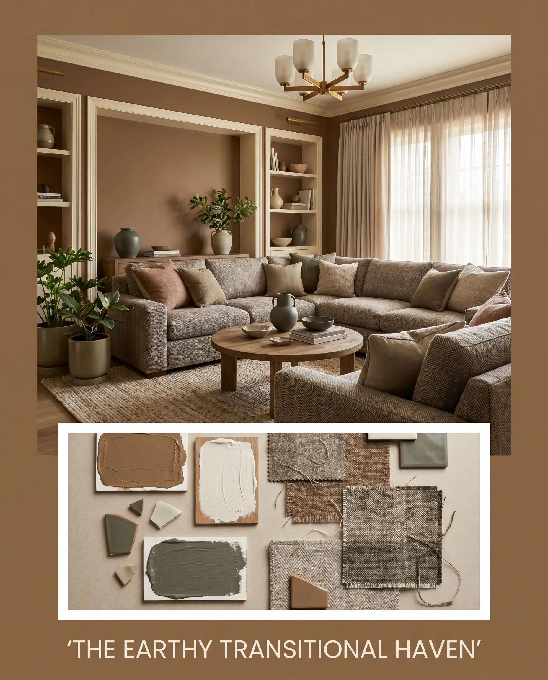Worsted wool fabric samples and physical color textures overlay a photorealistic living space wrapped in an enveloping tone of terracotta brown.