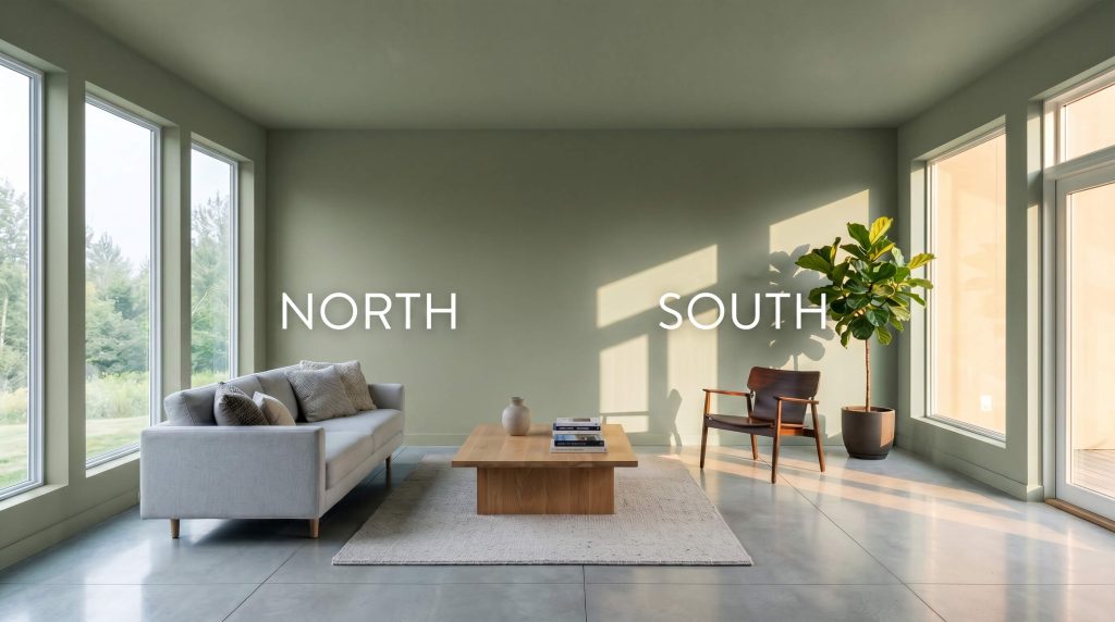 A continuous living room split-screen demonstrates how an earthy olive green shifts from flat in cool Northern light to golden in warm Southern exposure.