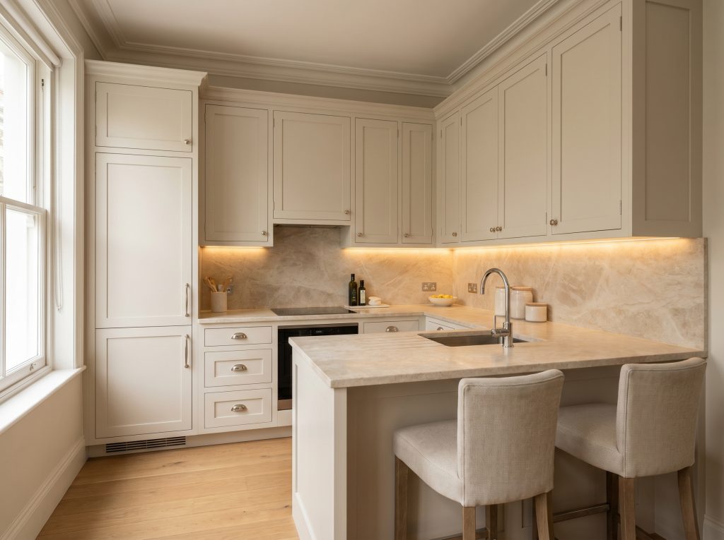 Light beige-gray satin finish cabinetry creates a seamless tonal look alongside honed Taj Mahal quartzite countertops and polished nickel hardware.
