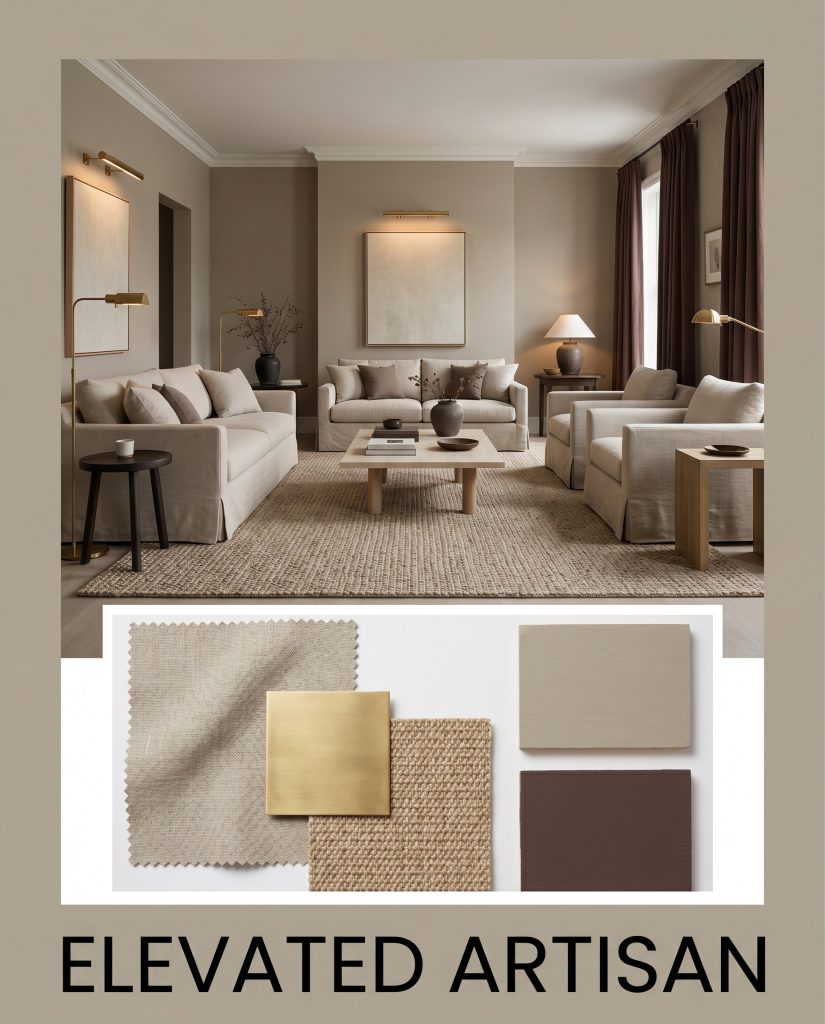An editorial magazine layout displays a chromatic structure featuring slipcovered linen seating, unlacquered brass gallery lights, and a flat-lay of physical materials highlighting a warm greige architectural finish.