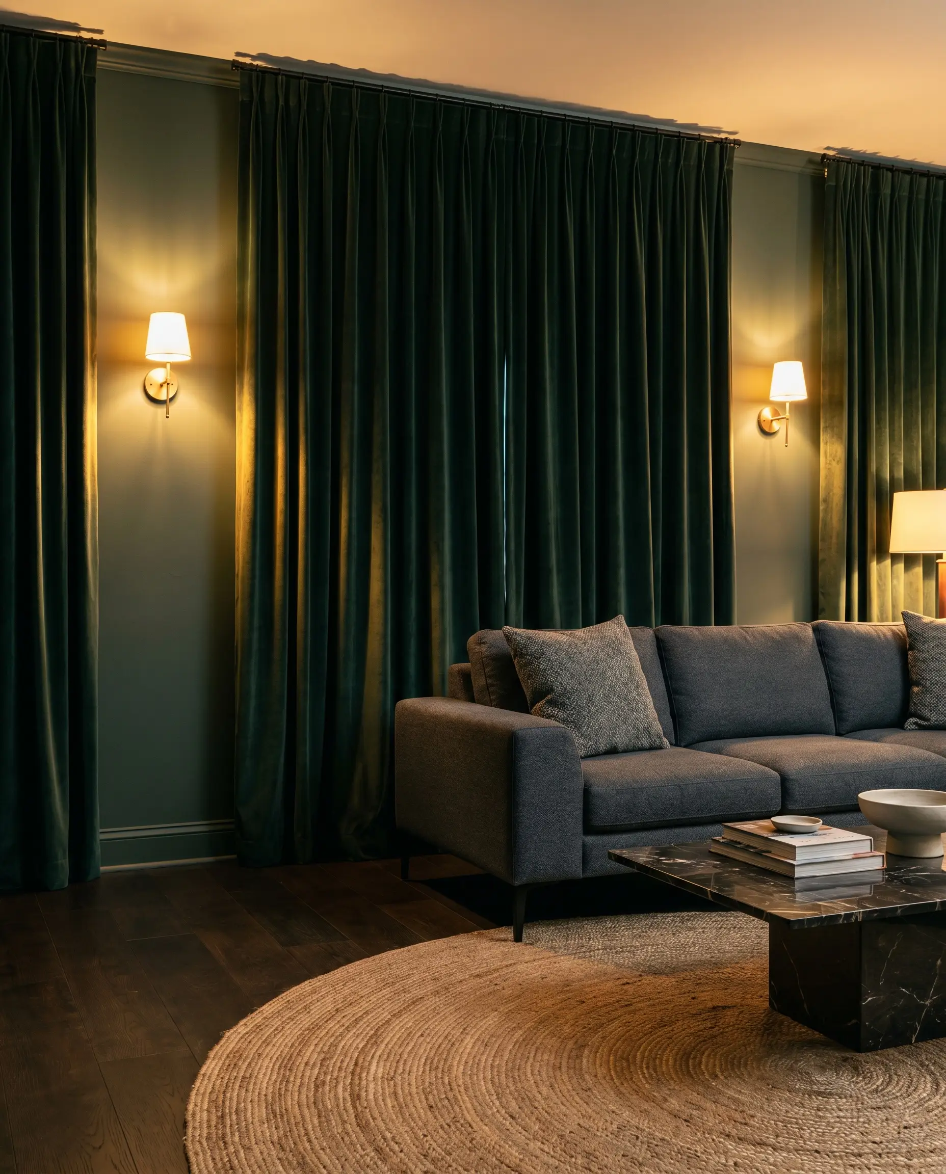 Custom-dyed emerald cotton velvet drapes blend seamlessly into dark green walls behind a sleek charcoal sofa and a dark marble coffee table.