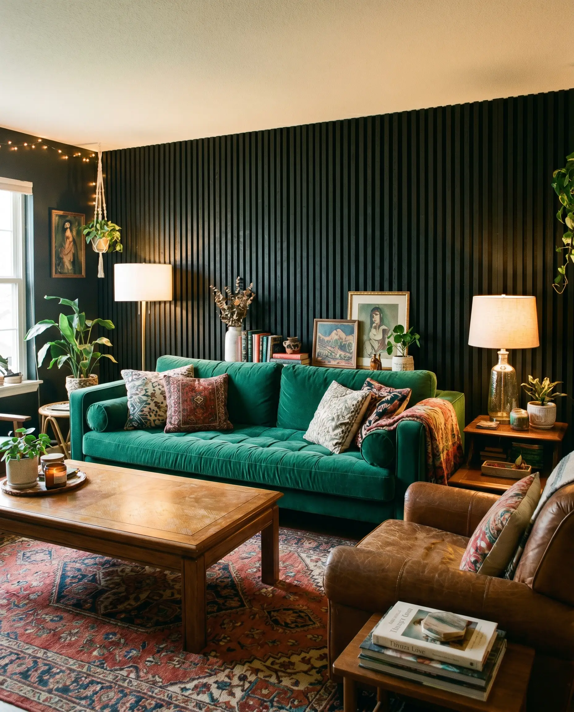 An emerald green velvet sofa pops vividly against a moody matte black-stained oak slat wall featuring sound-absorbing black PET felt backing.