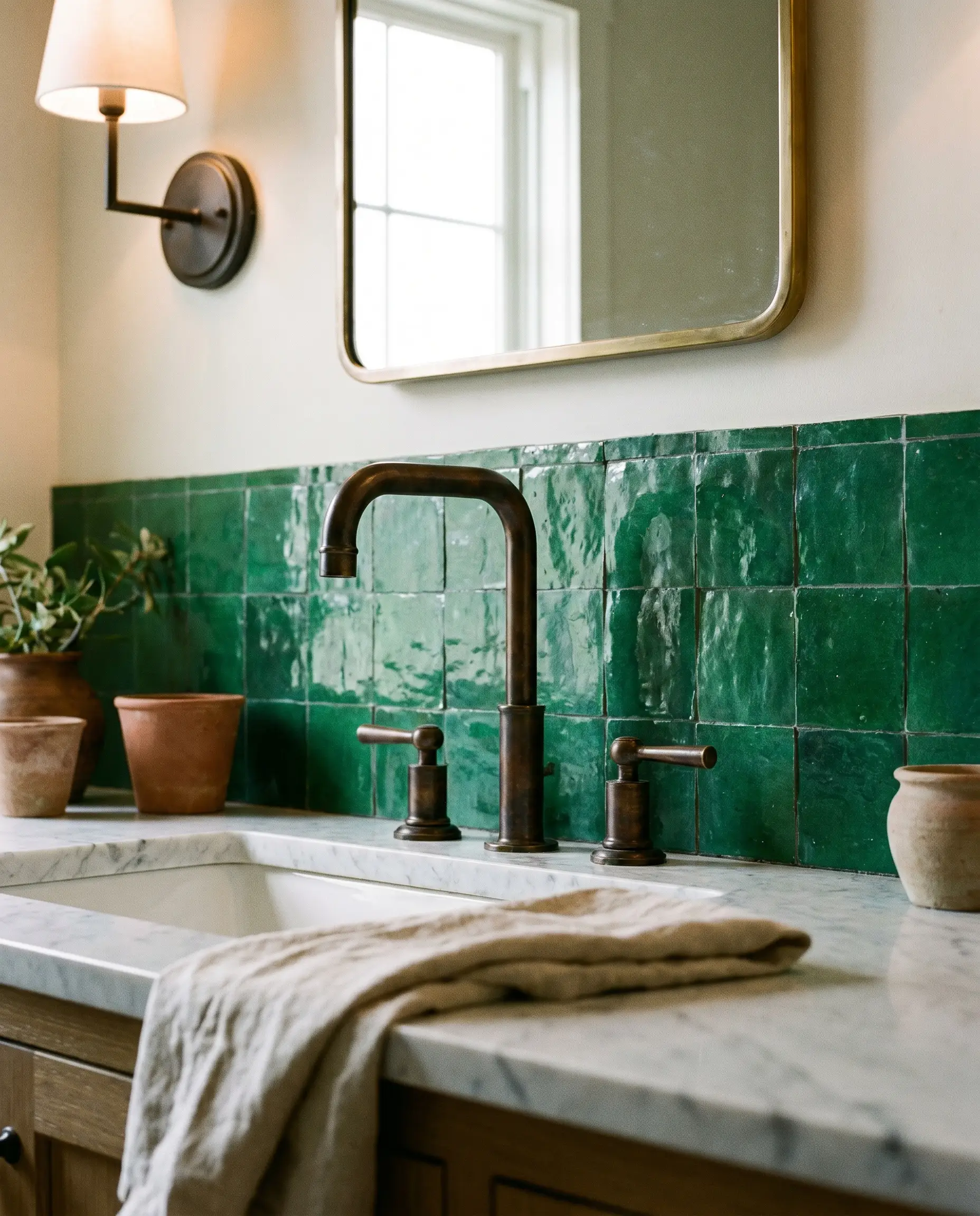 Heavy unlacquered brass widespread faucets displaying a dark patina are mounted over a luxurious marble counter against a green zellige tile bathroom backsplash.