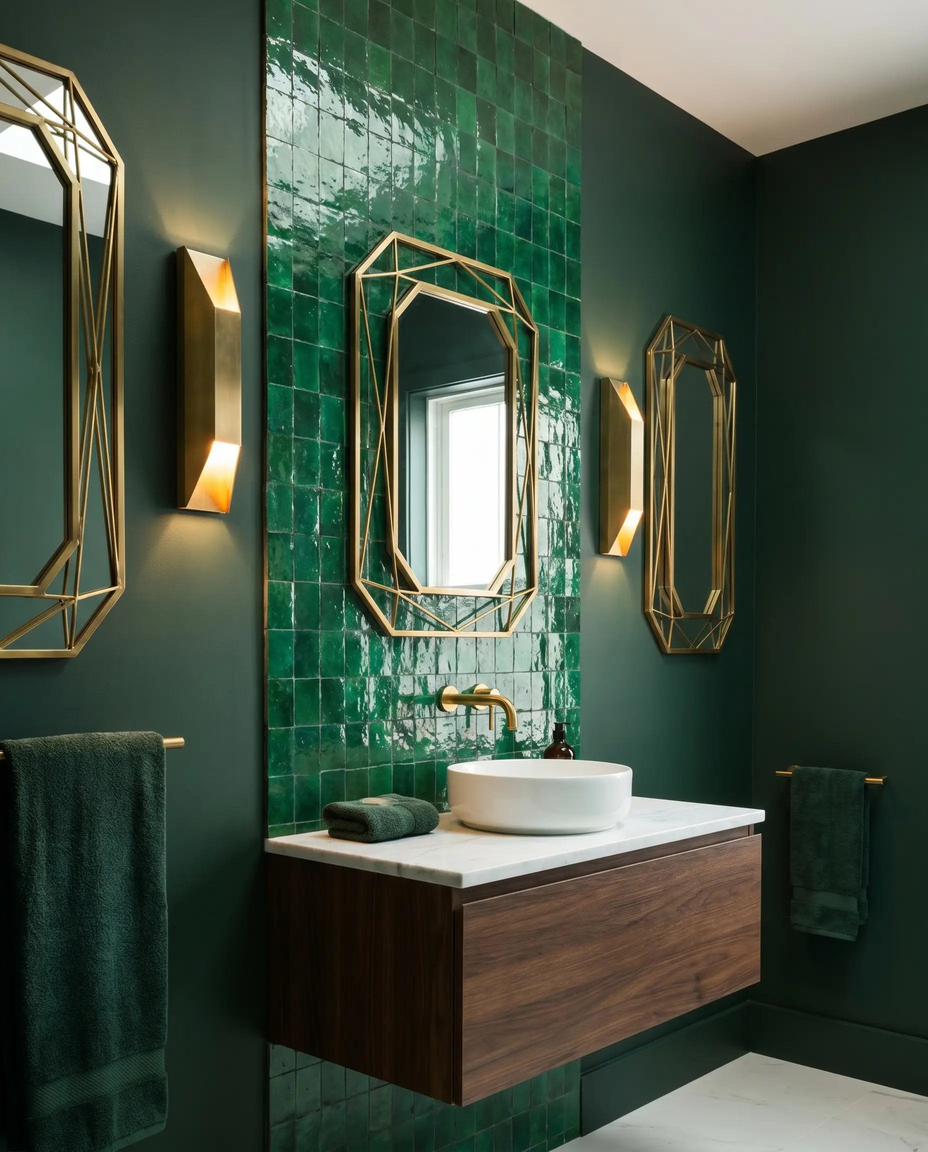 Geometric brass mirrors and angular brass wall sconces mount directly onto a vibrant emerald Moroccan clay wall surrounded by Hunter Green paint.