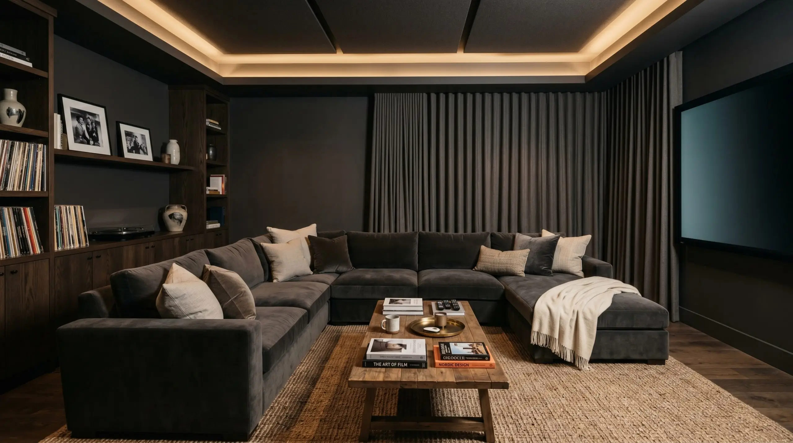 An enclosed media room offers sensory enclosure with dark matte walls, worsted wool drapery, a sprawling mohair sectional, and a textured jute rug.