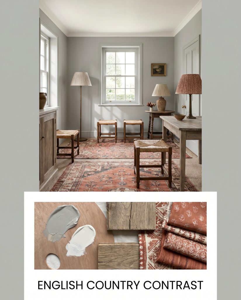Layered vintage rugs with terracotta motifs and rush-seat stools complement weathered oak textures against a stormy gray wall and a creamy off-white ceiling.