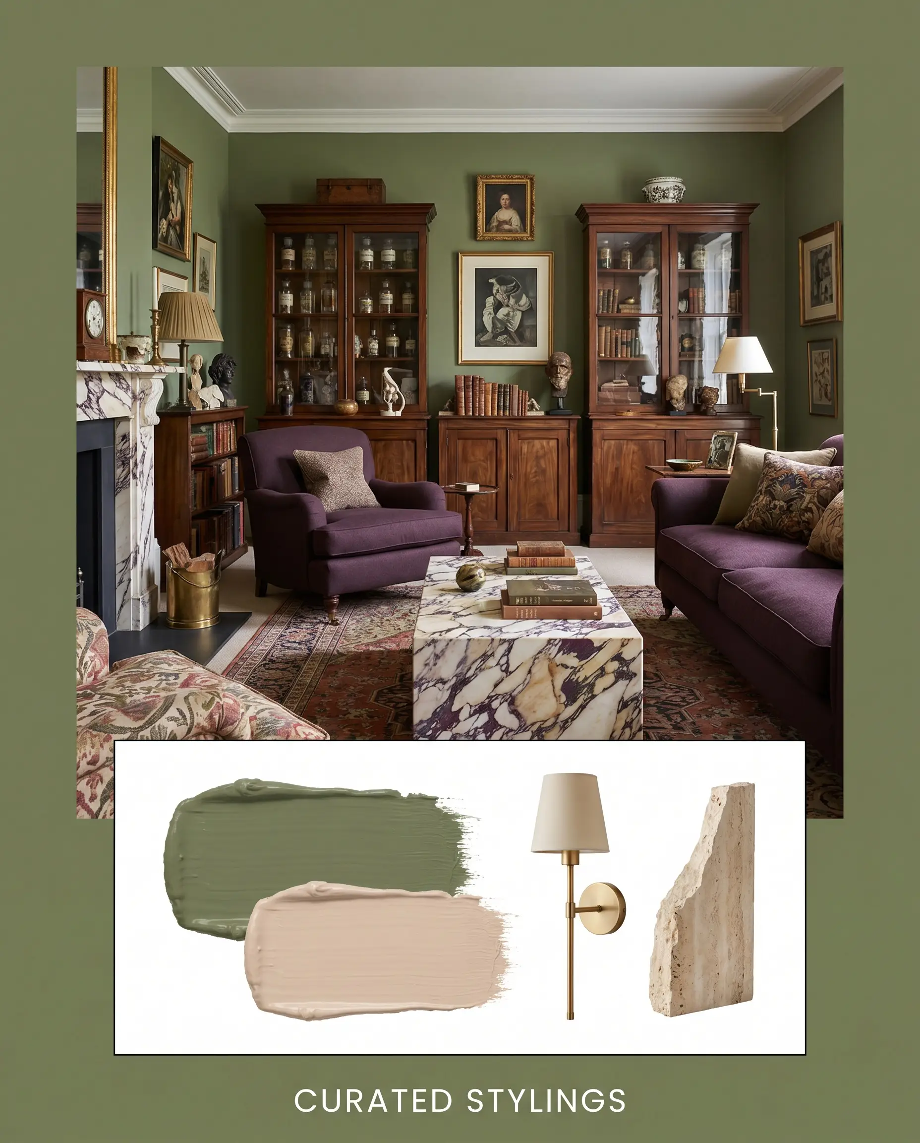 Antique apothecary cabinets and worsted wool upholstery define an English Eccentric living space layered over an unlacquered brass sconce and travertine plinth fragment.