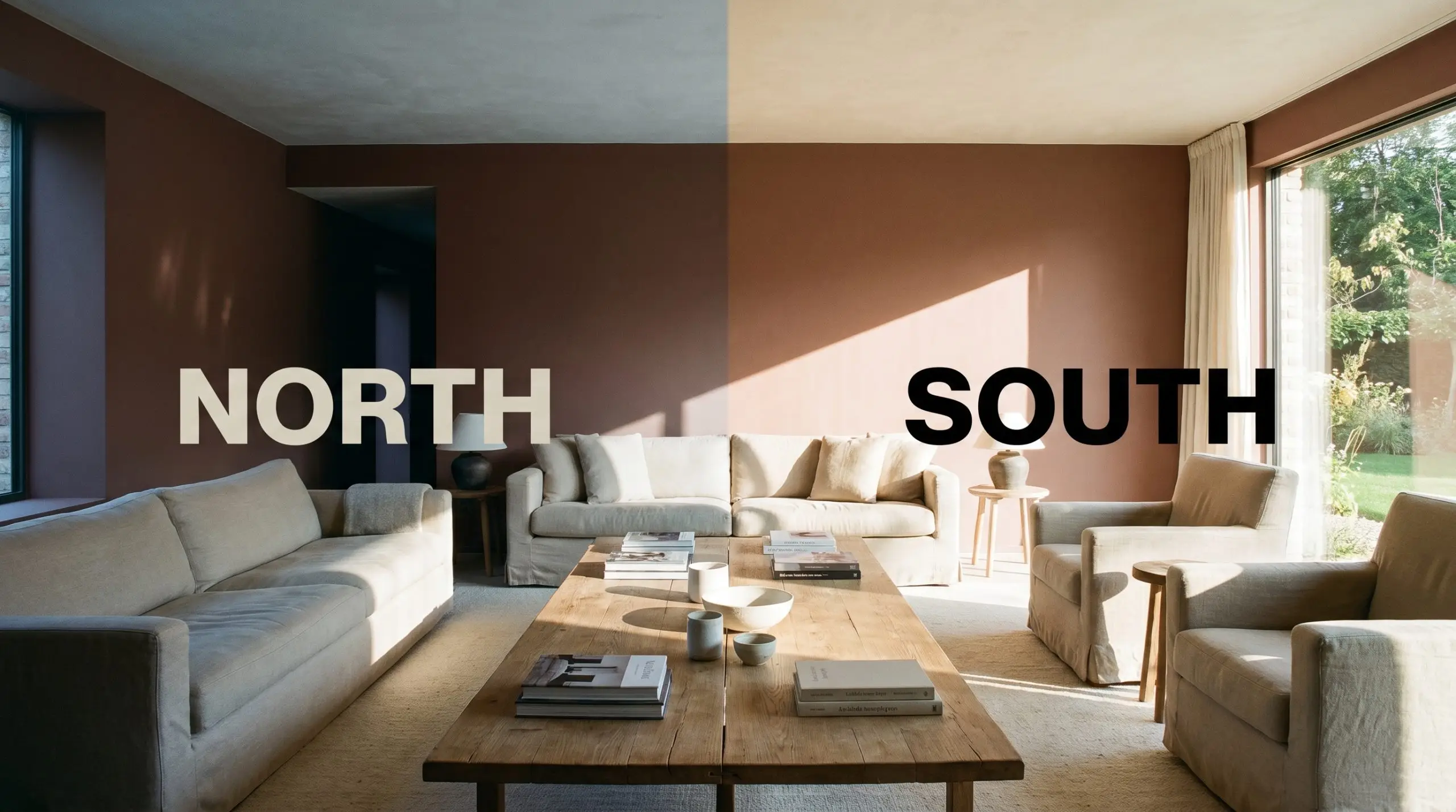 A split-screen living room demonstrates how the brown-based red paint shifts from cool, shadowed tones in Northern light to vibrant terracotta warmth in Southern exposure.