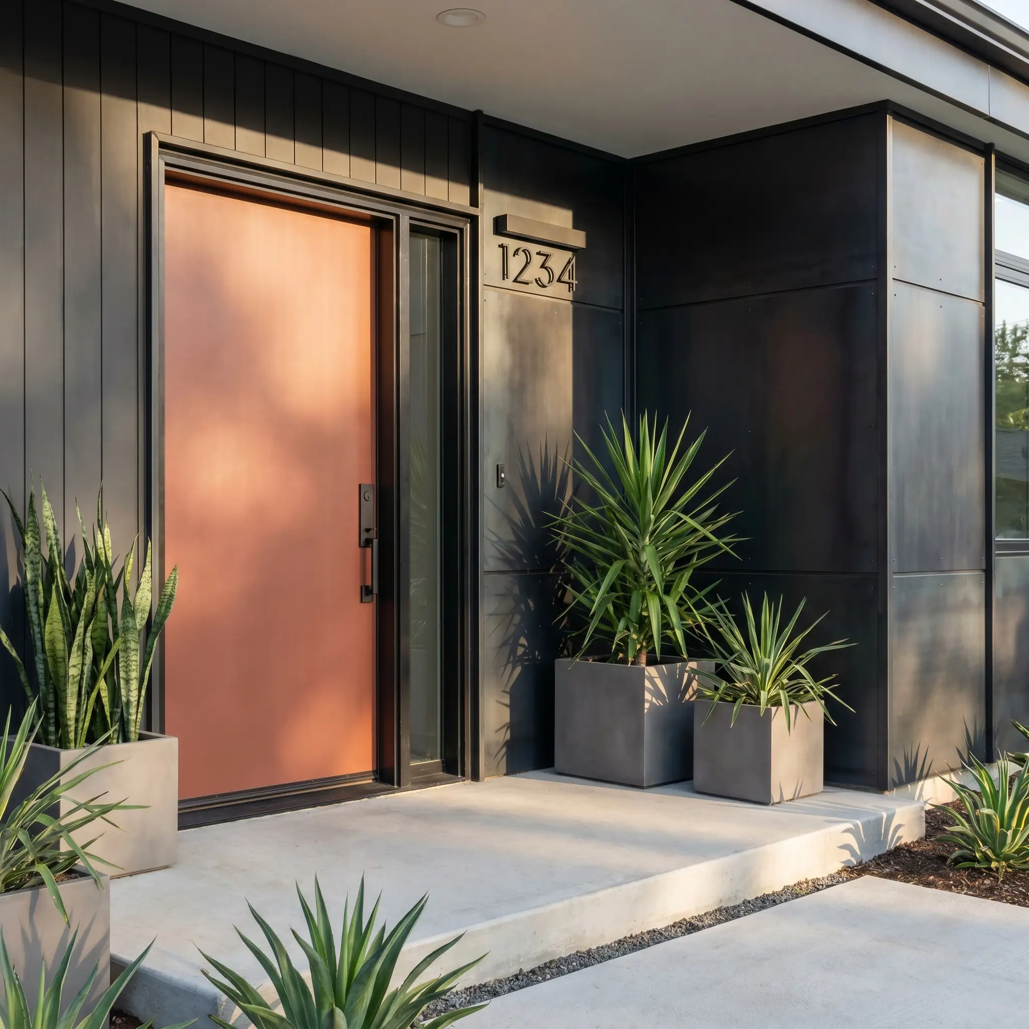 A satin-finished brown-based red modern front door provides a striking architectural finish against a sleek blackened steel facade and dark charcoal siding.