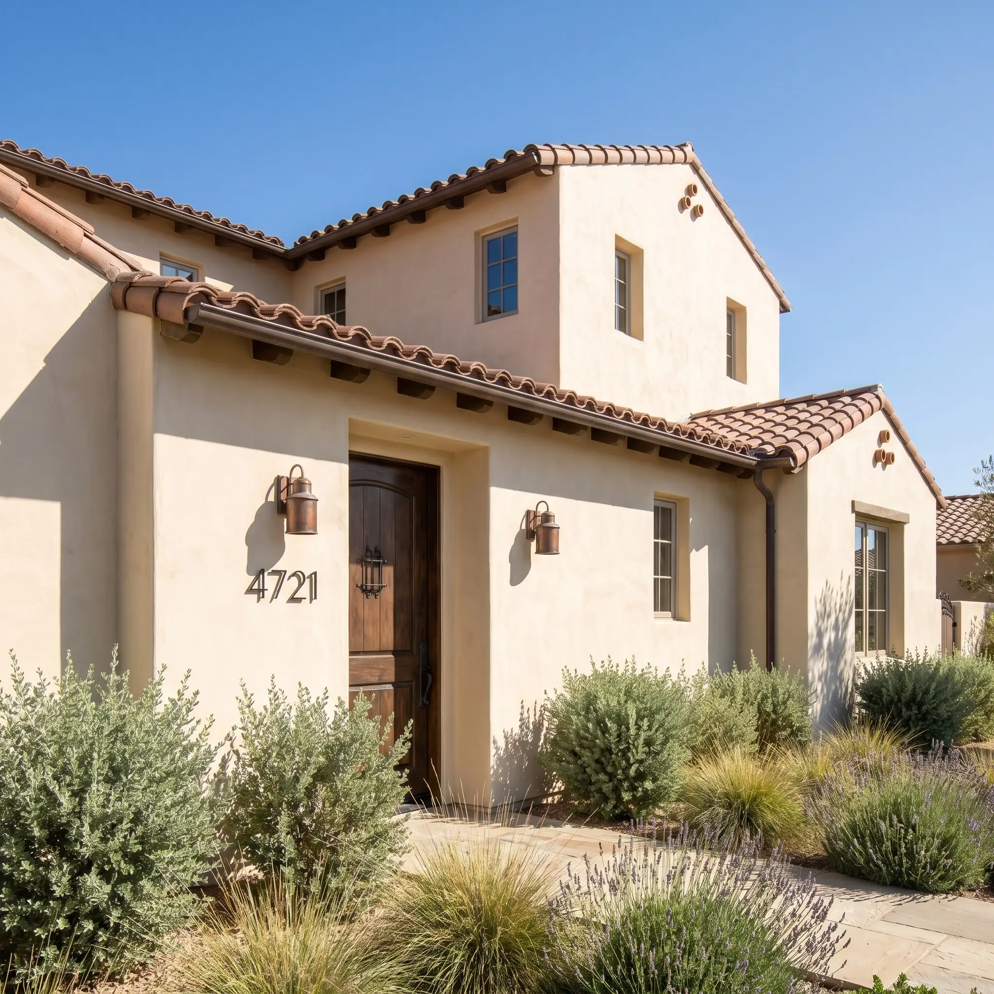 Oxidized copper wall sconces and blackened steel house numbers accent a textured masonry stucco exterior painted in the warm neutral of White Beach.
