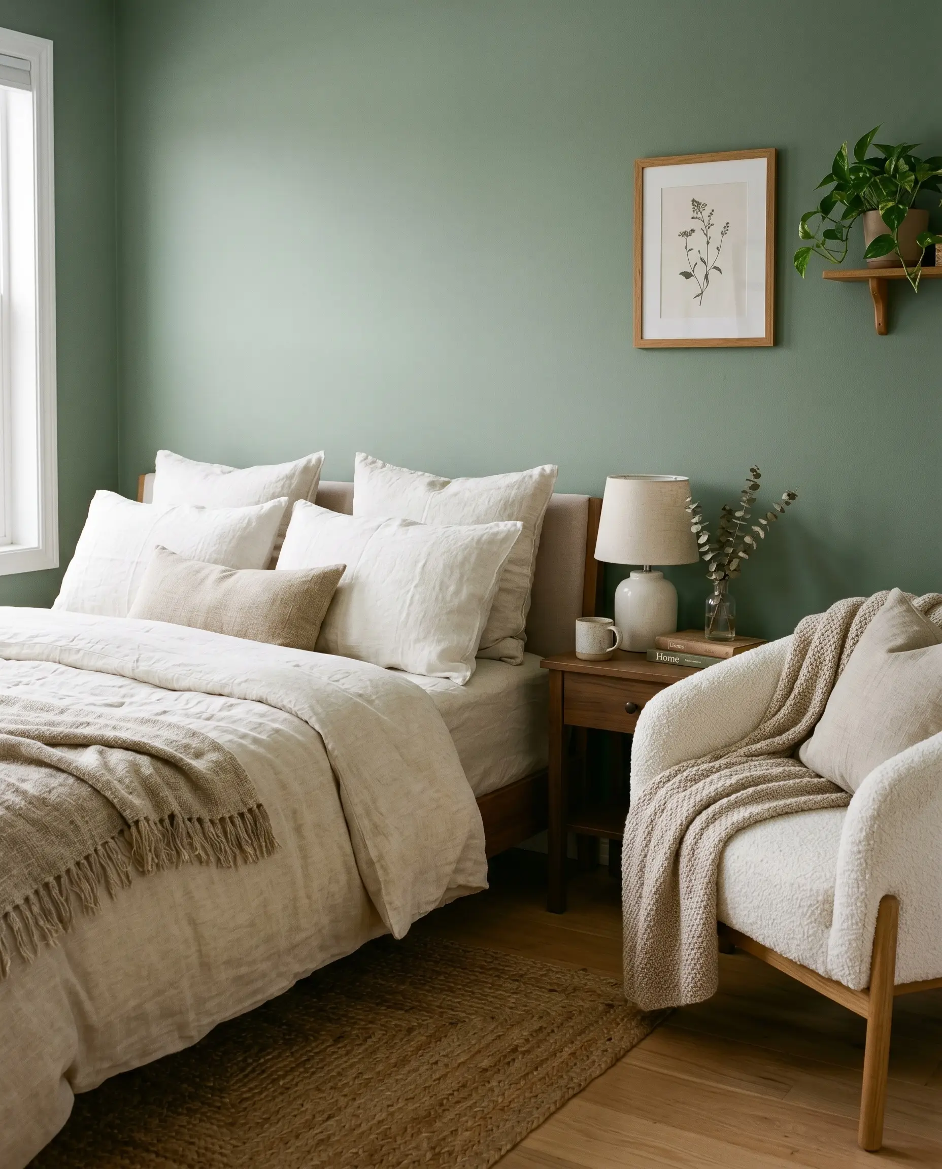 A chunky white bouclé accent chair sits beside a highly tactile European flax linen bed setup positioned against flat, matte green painted drywall.