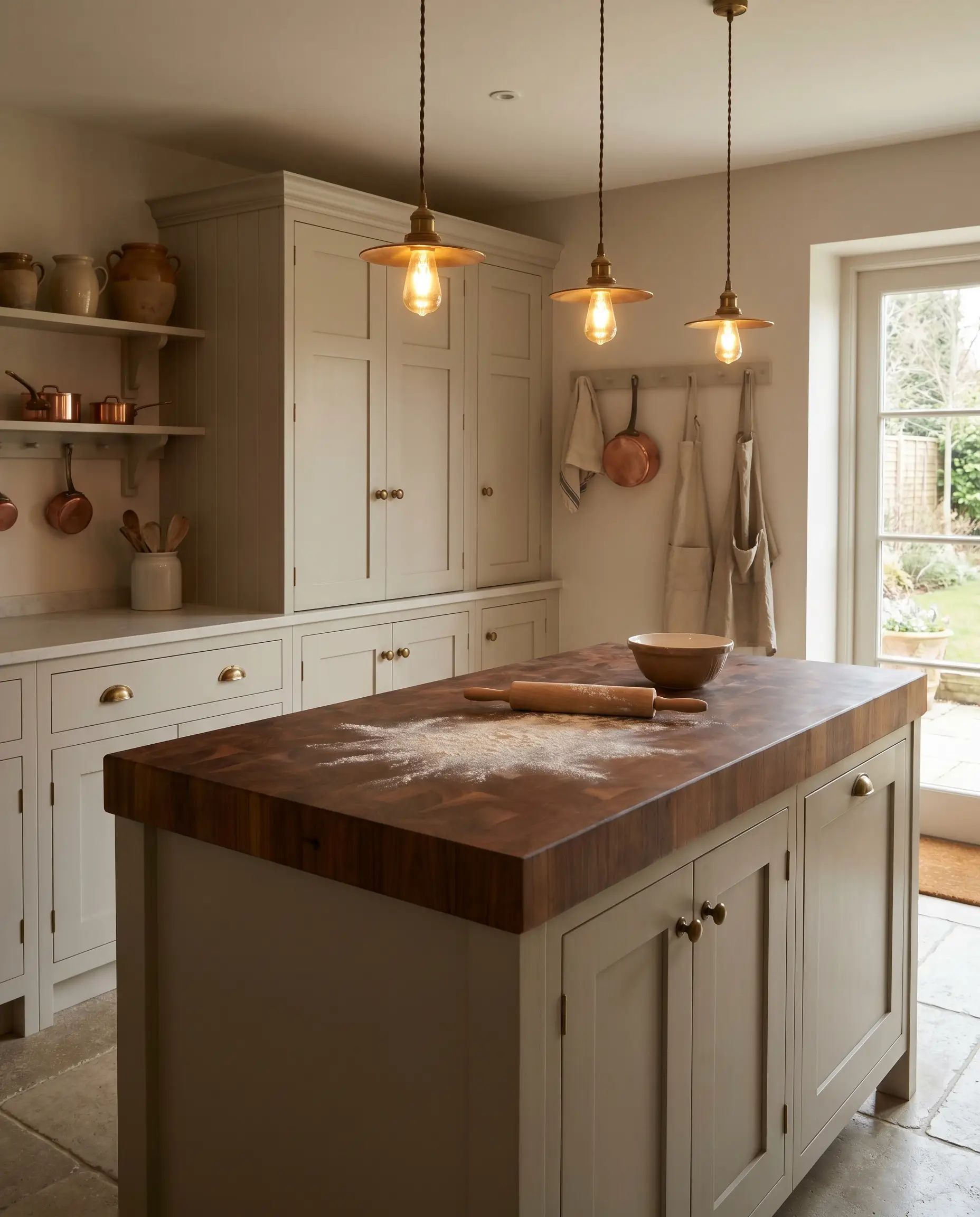 An oiled end-grain European walnut butcher block tops a dedicated prep island, surrounded by soft neutral greige cabinetry and dusted baking flour.