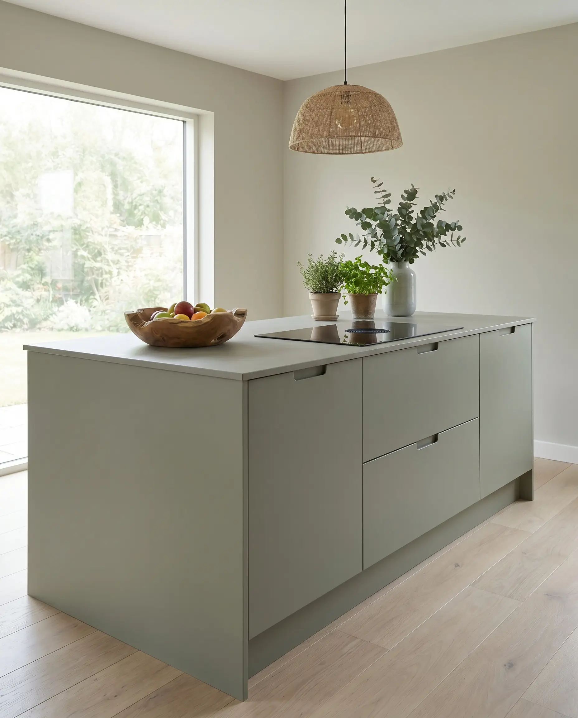 A central kitchen island painted in Sherwin-Williams Evergreen Fog supports a matte porcelain countertop above pale oak floors.