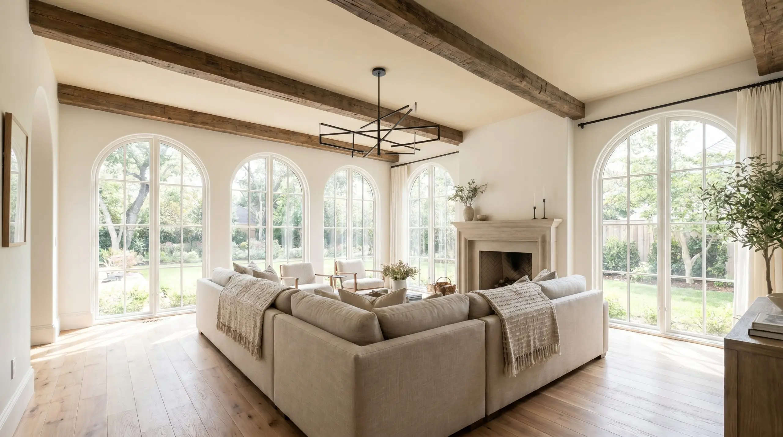 A sculptural blackened steel chandelier hangs from a sophisticated pastel ceiling painted in Benjamin Moore Head Over Heels, framed by exposed natural wood beams.