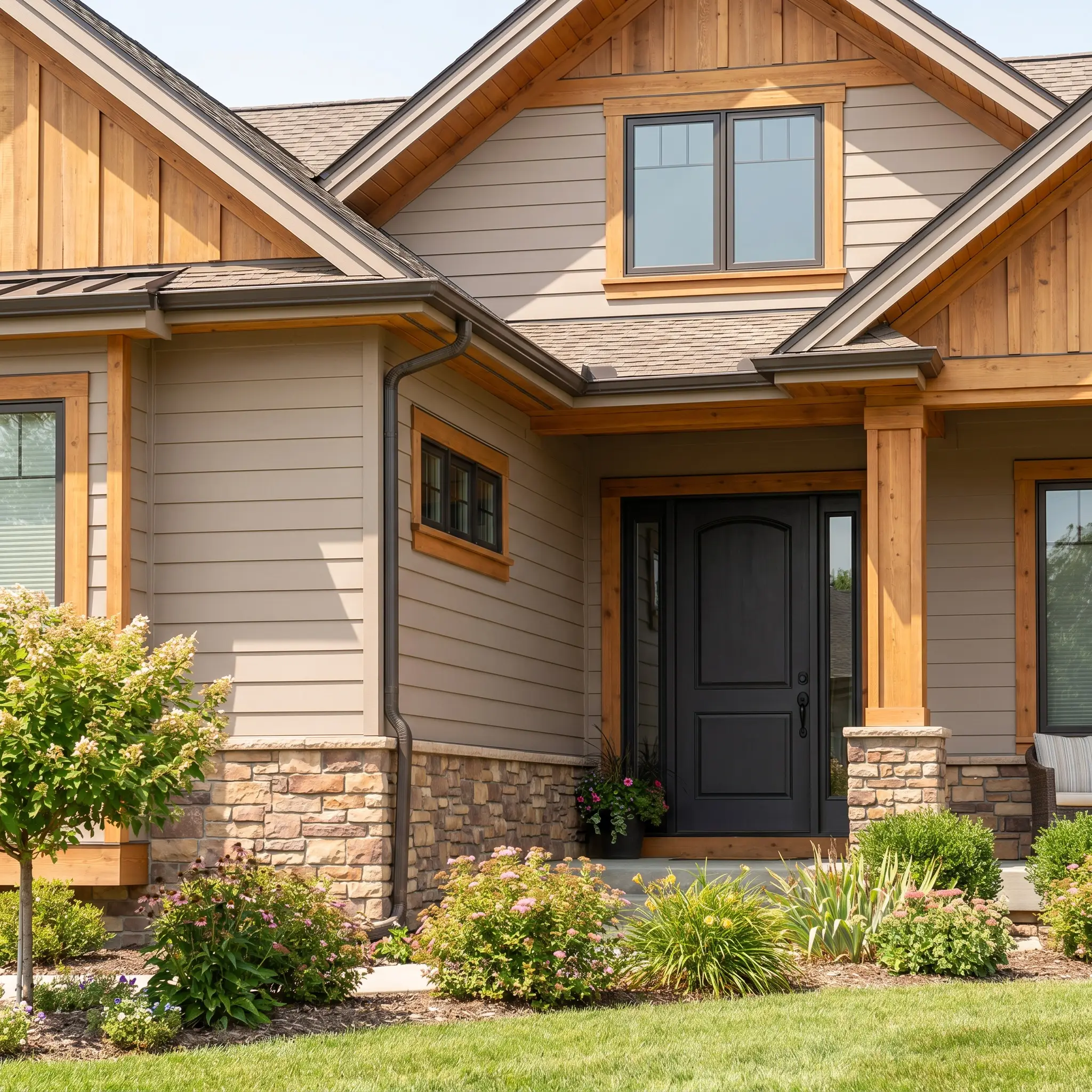 A modern traditional home exterior features siding painted in Sherwin-Williams Anew Gray (Hex #BFB6AA) accented by natural cedar wood, dark bronze gutters, and a charcoal door.