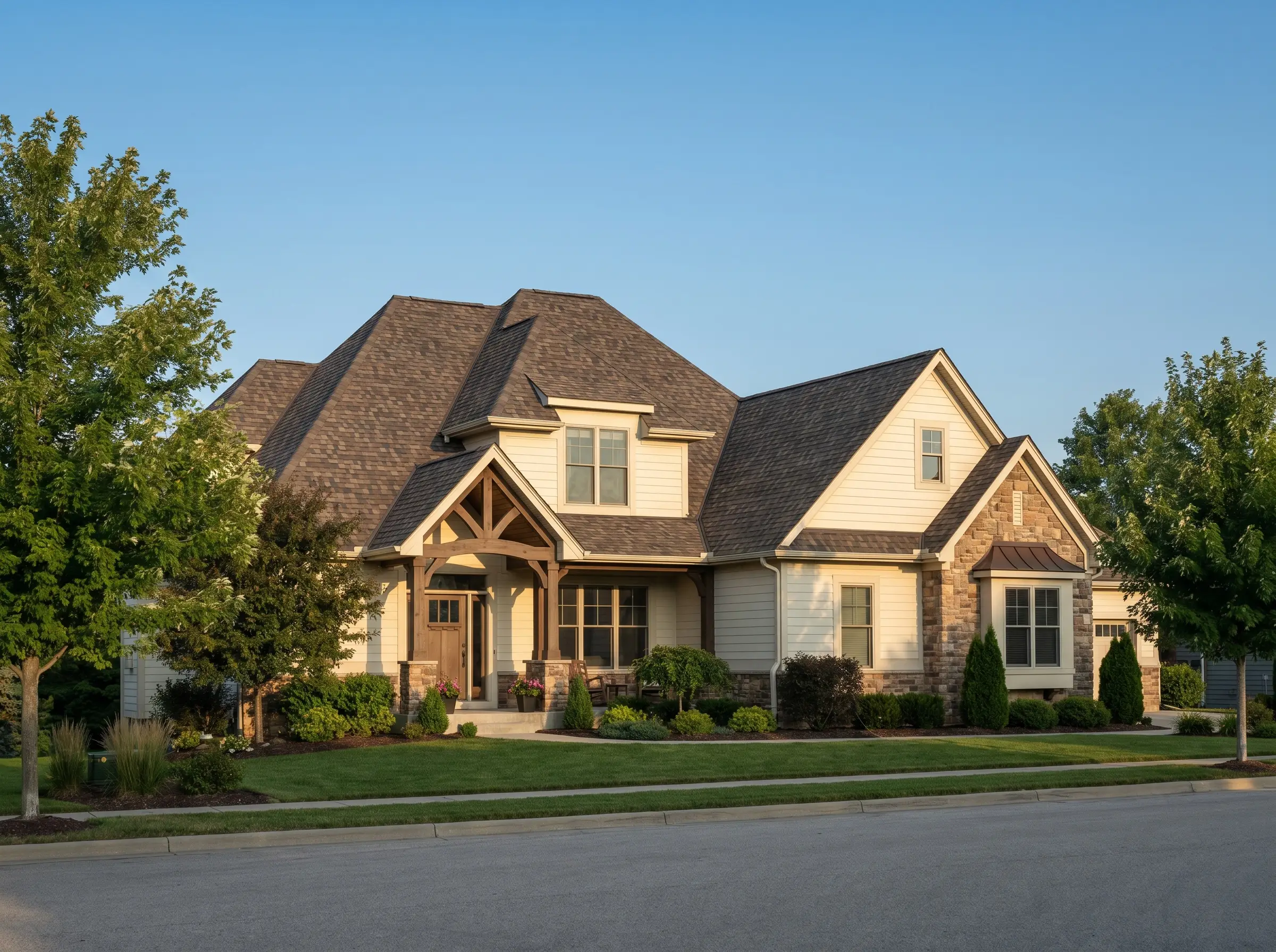 Exterior color schemes with brown roof designs feature Swiss Coffee cream paint paired seamlessly with multi-tone weathered brown architectural shingles.