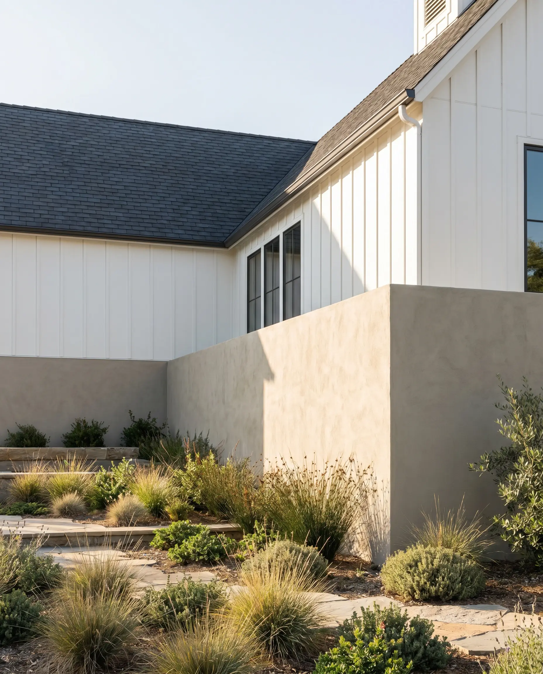 A historic greige stucco base and masonry retaining wall bridge the visual gap with bright white board and batten siding in this modern farmhouse exterior.