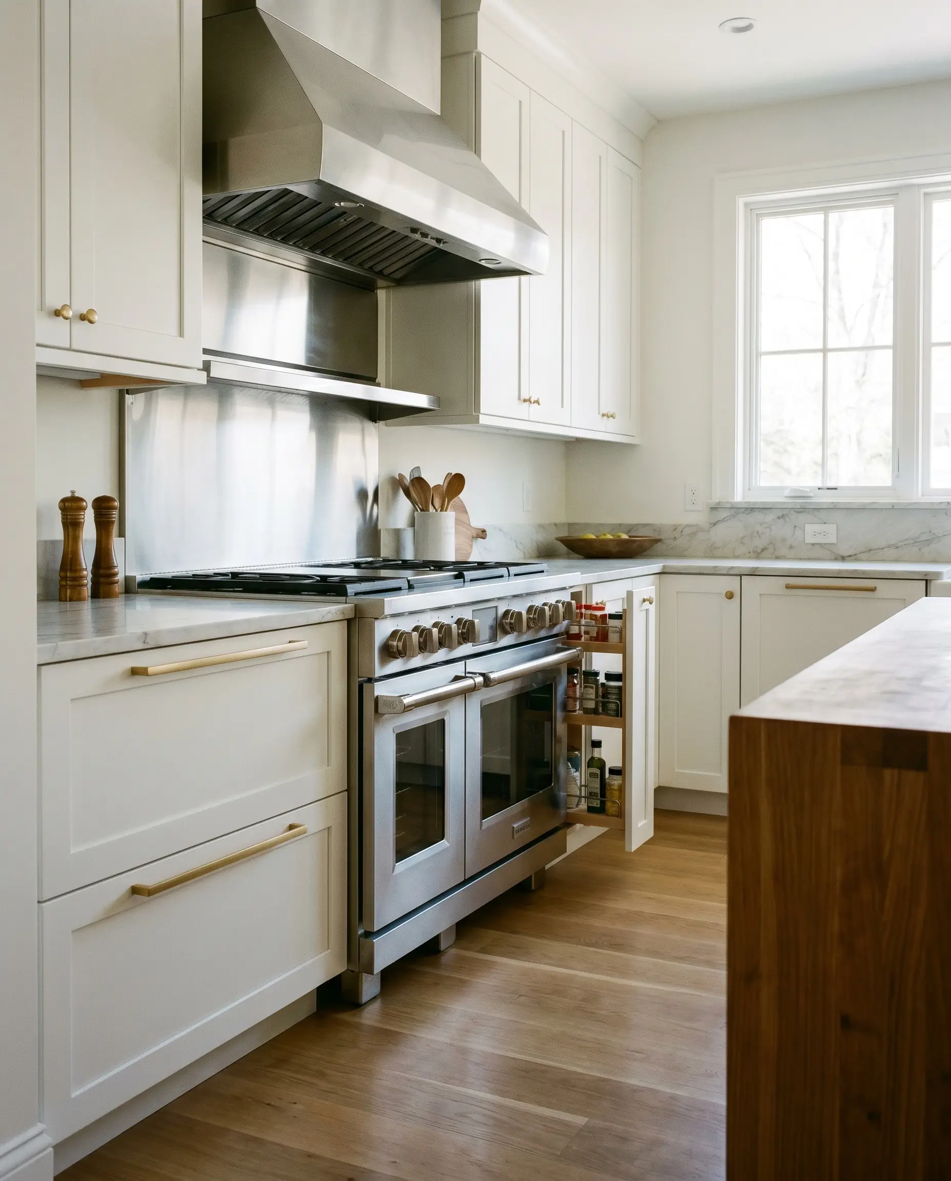 A single extra-long gold appliance pull spans exactly one-third the width of an extra-wide white shaker pot drawer beside a professional range.