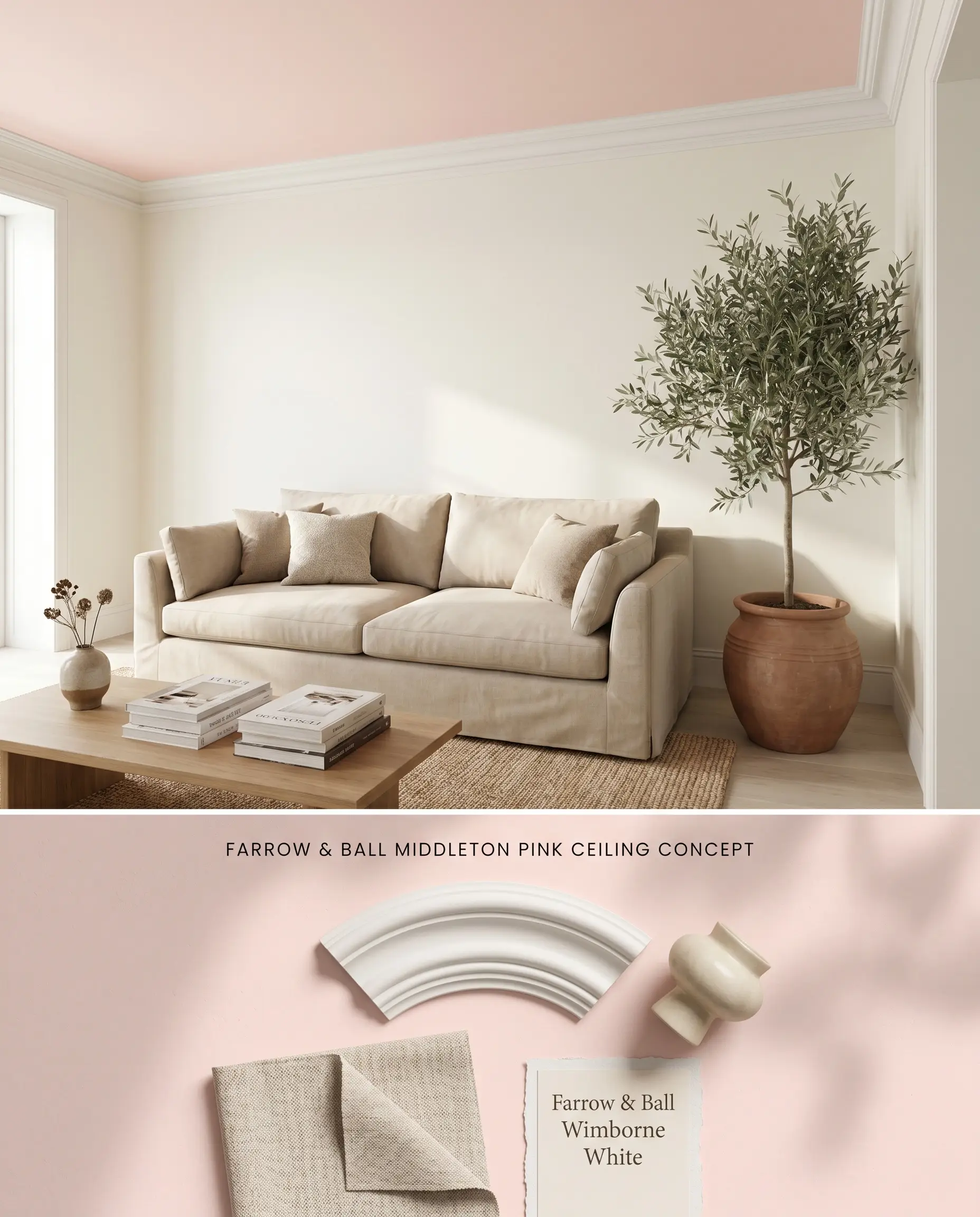 A split digital conceptual board for a living room featuring a pastel pink ceiling above white plaster molding, with a textured bottom section showing complementary physical material swatches.