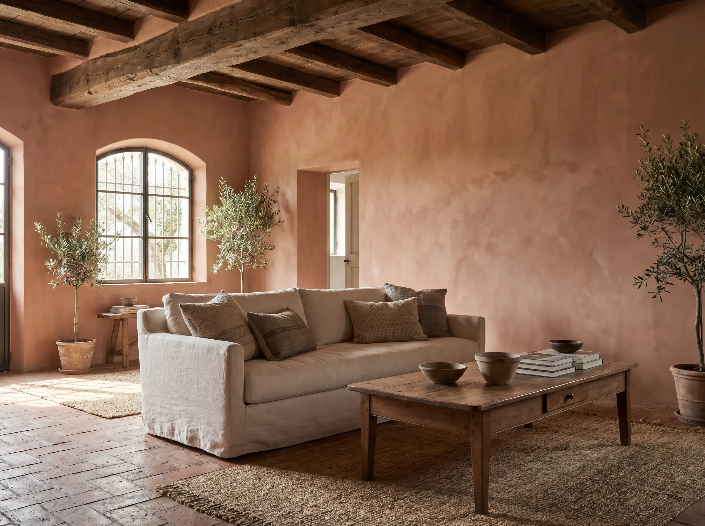 A simple slipcovered sofa rests on reclaimed terra cotta floor tiles beneath raw wood ceiling beams and dusty faded terracotta limewash walls.