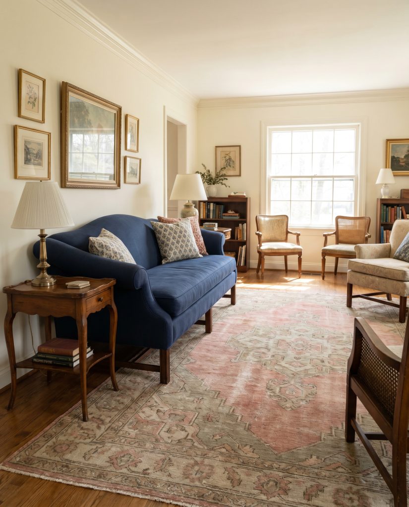 A faded Turkish Oushak rug featuring soft pinks and muted sages sits beneath a classic navy blue English roll-arm sofa in a grandmillennial living room.
