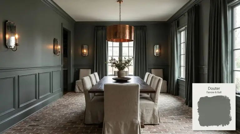 A dark walnut dining table and slipcovered linen chairs sit beneath matte upper walls painted in Farrow & Ball Douter (Hex #636f68).