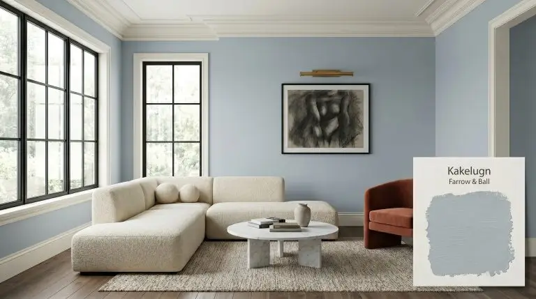 A spacious suburban living room painted in Farrow & Ball Kakelugn (Hex #c5d1d8) features smoked oak hardwood floors, a creamy bouclé sectional sofa, and a terracotta velvet accent chair.