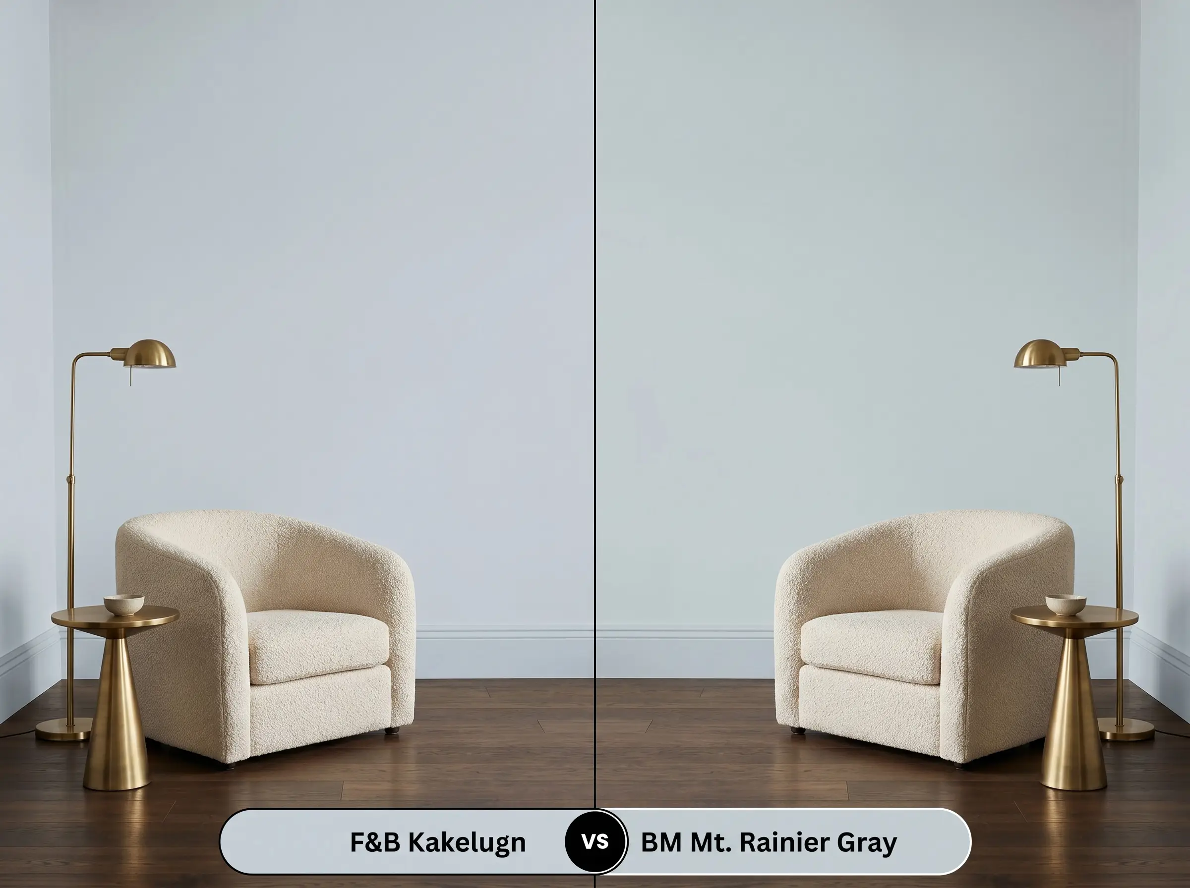 A side-by-side split-screen comparison of Farrow & Ball Kakelugn on the left and Benjamin Moore Mt. Rainier Gray on the right, shown in a living room featuring smoked oak floors.
