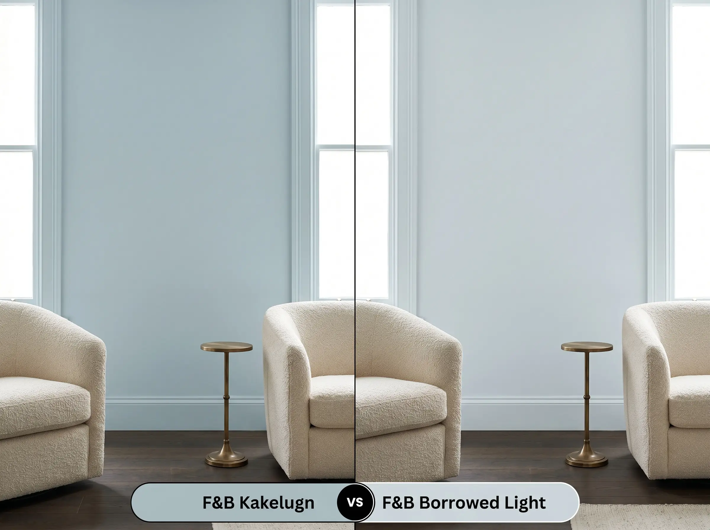 A side-by-side split-screen comparison of Farrow & Ball Kakelugn on the left and Farrow & Ball Borrowed Light on the right, shown in a living room with a creamy bouclé armchair.