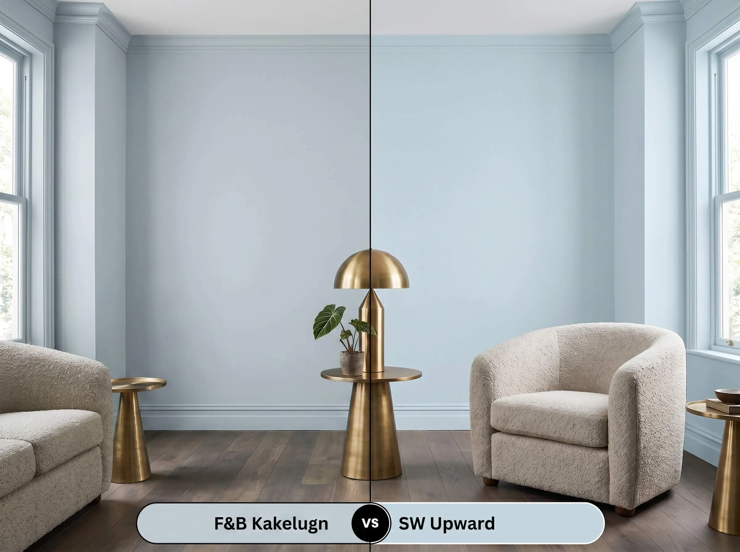 A side-by-side split-screen comparison of Farrow & Ball Kakelugn on the left and Sherwin-Williams Upward on the right, shown in a living room with unlacquered brass accents.