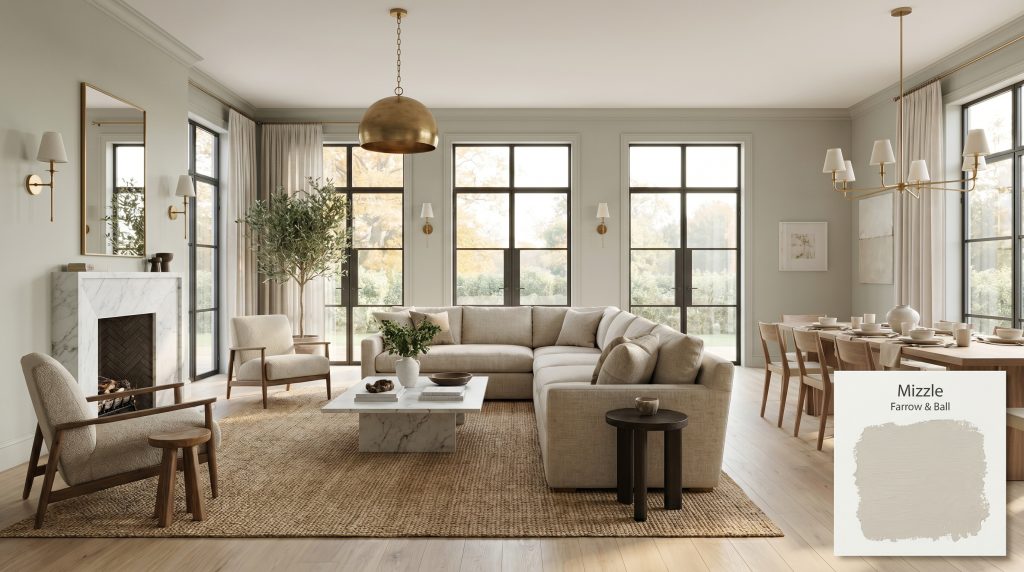A photorealistic open-concept living and dining space painted in Farrow & Ball Mizzle (Hex #bec1b3), featuring honed Carrara marble, unlacquered brass fixtures, and white oak flooring.