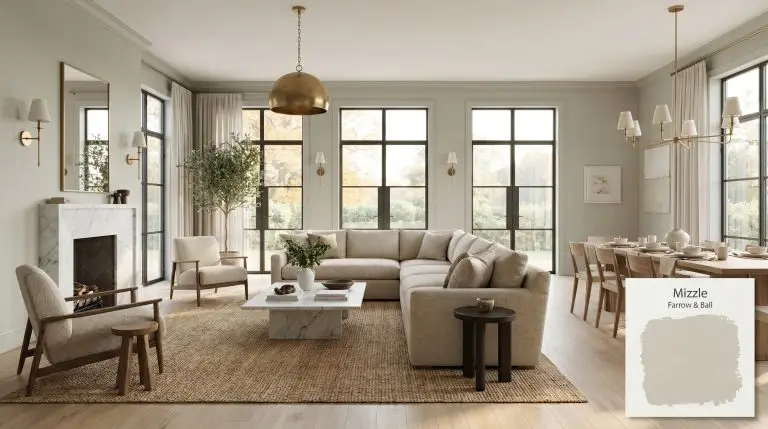 A photorealistic open-concept living and dining space painted in Farrow & Ball Mizzle (Hex #bec1b3), featuring honed Carrara marble, unlacquered brass fixtures, and white oak flooring.