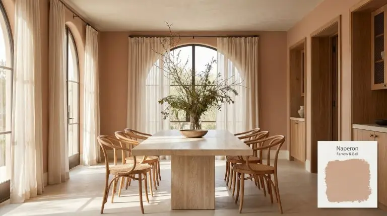 A honed travertine pedestal table and curved bentwood chairs sit inside a Mediterranean-inspired dining room painted in Farrow & Ball Naperon (Hex #d7a287).