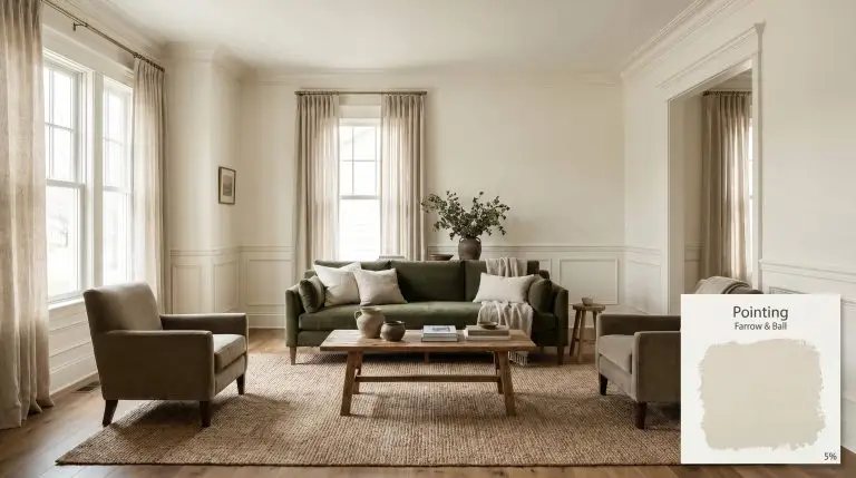 A photorealistic architectural wide shot of an inviting living room painted in Farrow & Ball Pointing (Hex #f3efe3), featuring matte velvet upholstery and tumbled Dorset clay accents.
