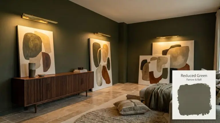 Tumbled travertine floors and a reeded walnut mid-century credenza anchor this eclectic living room painted in Farrow & Ball Reduced Green (Hex #5c594b).