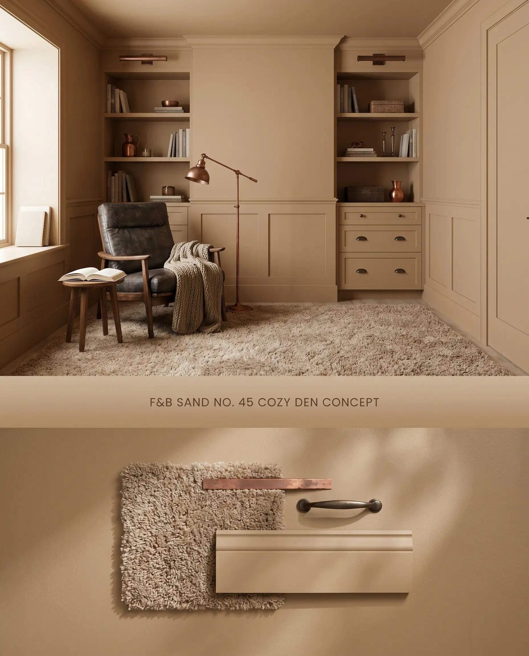A split digital conceptual board for a cozy den displaying a caramel-hued neutral color-drenching the upper room, above a tactile flat-lay of oxidized copper and high-pile wool.
